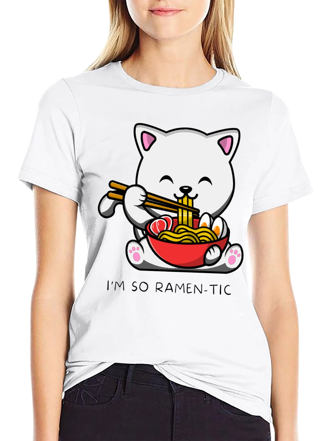Black Ramen Cat T-Shirt - "I'm So Ramen-Tic" Graphic Tee view 9