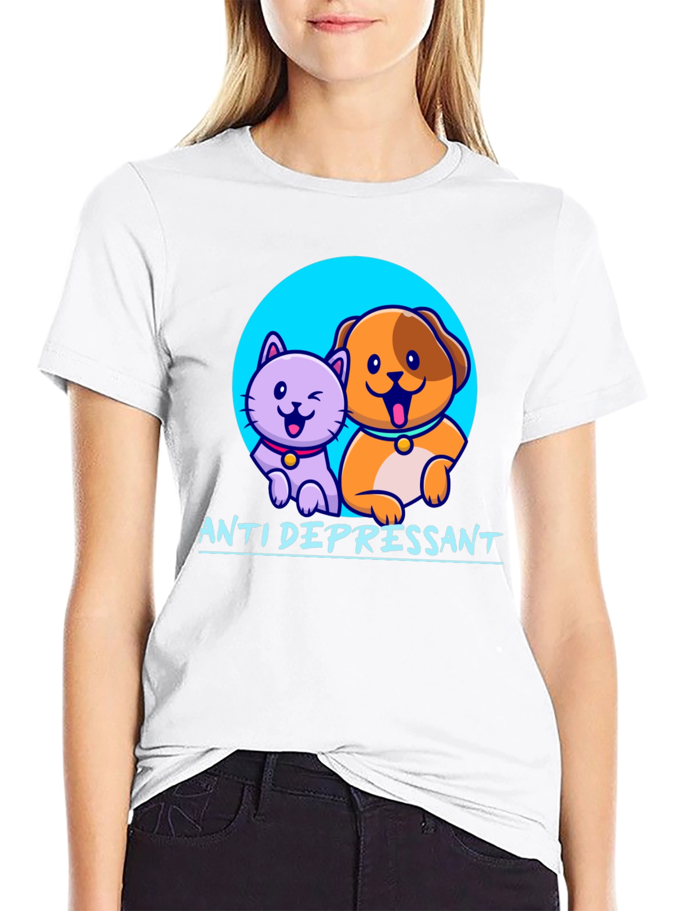 Black Anti Depressant Cat and Dog Graphic T-Shirt view 9