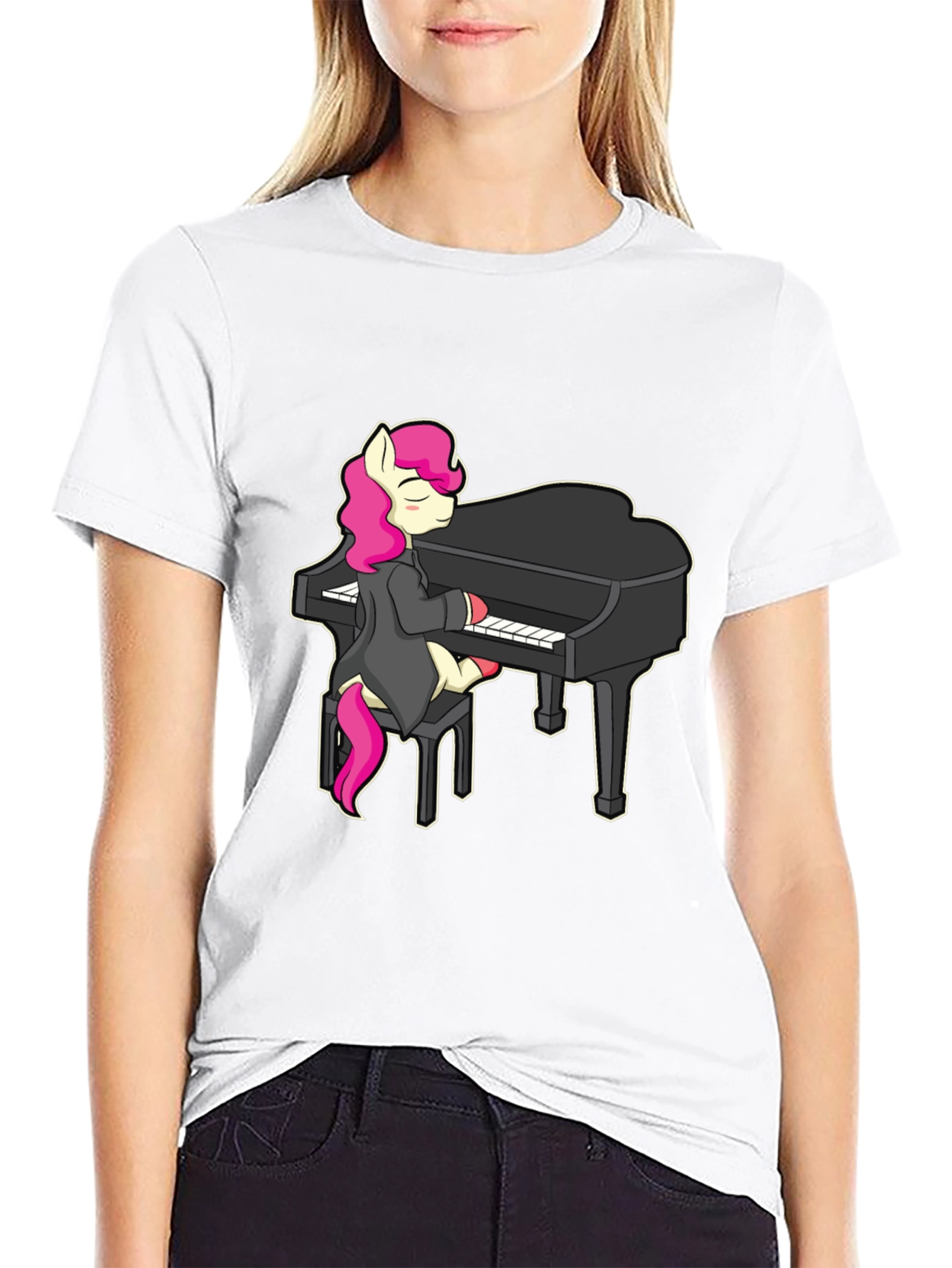 Black Pony Playing Piano T-Shirt - Cute Cartoon Design view 9