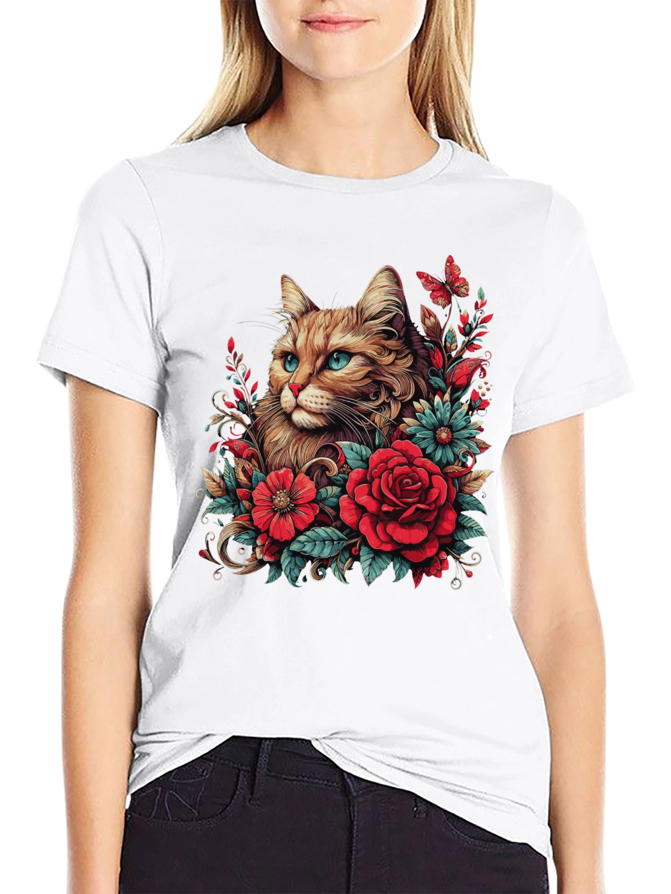 Black Cat & Floral Graphic Tee - Men's Black T-Shirt view 9