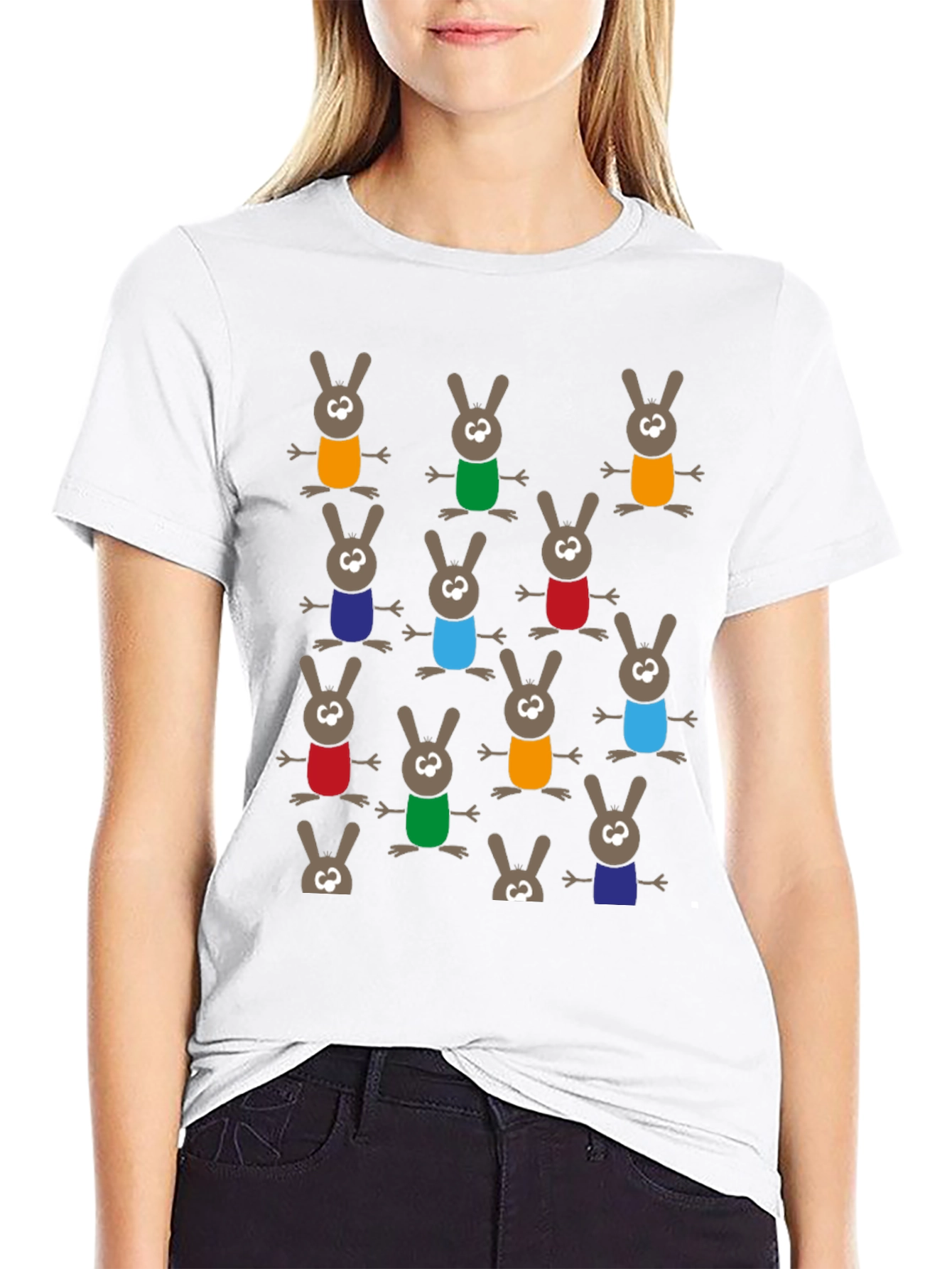 Black Fun Cartoon Bunny Pattern T-Shirt view 9