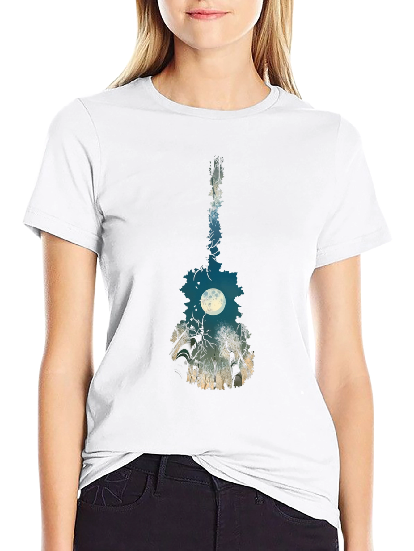 Black Guitar Moon T-Shirt - Unique Nature Design view 9