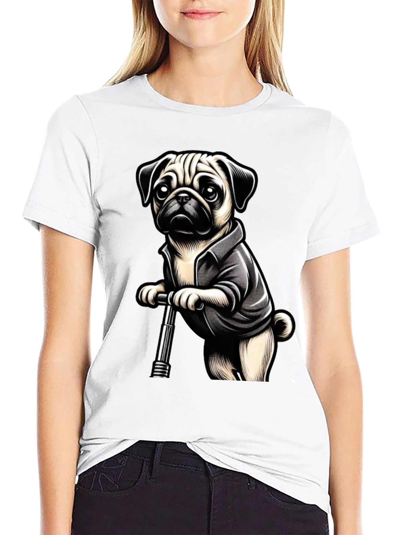 Black Pug on Scooter Graphic Tee - Black Cotton Blend view 9