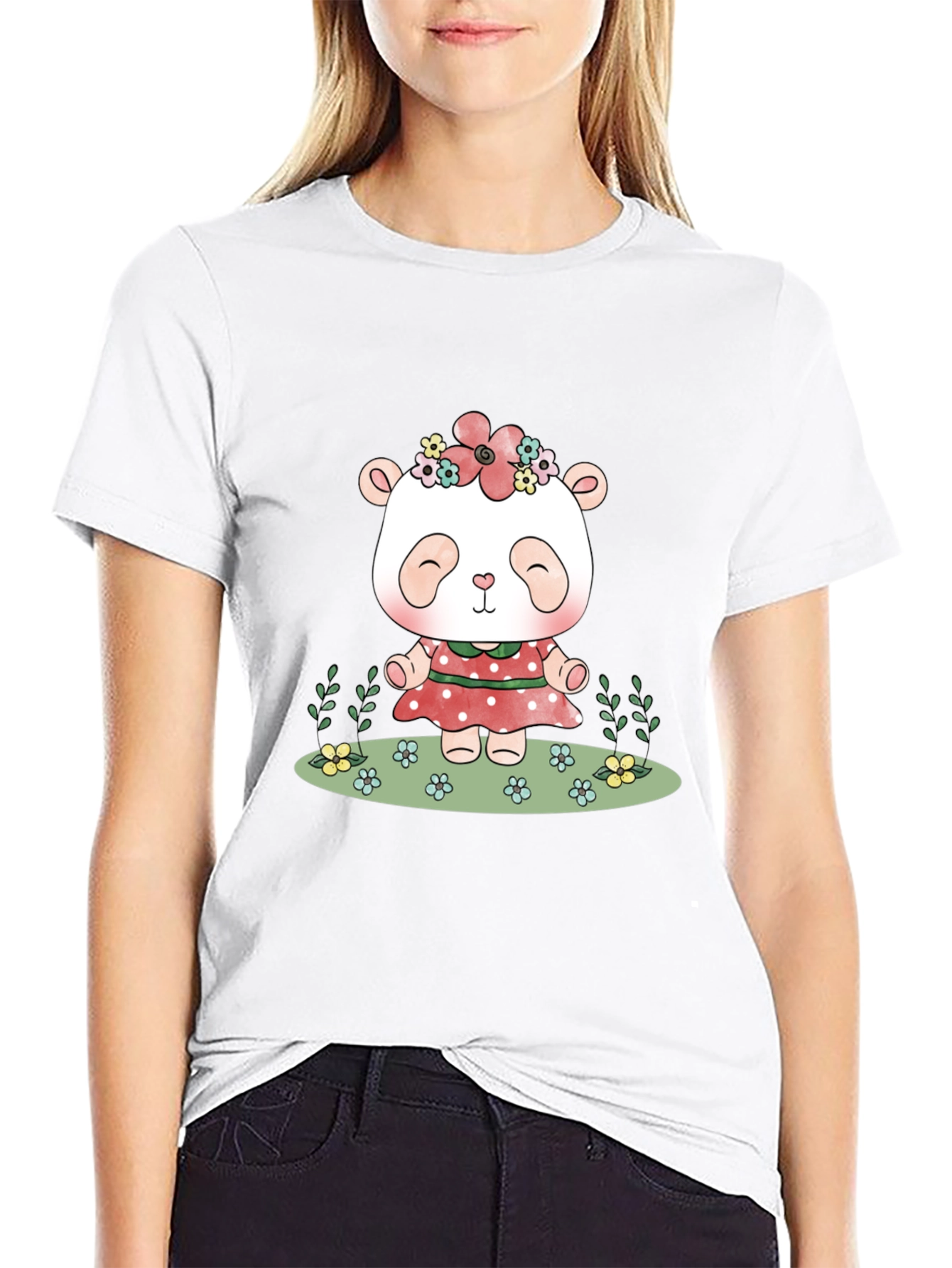 Black Cute Panda Bear Graphic Tee - Black Casual T-Shirt view 9