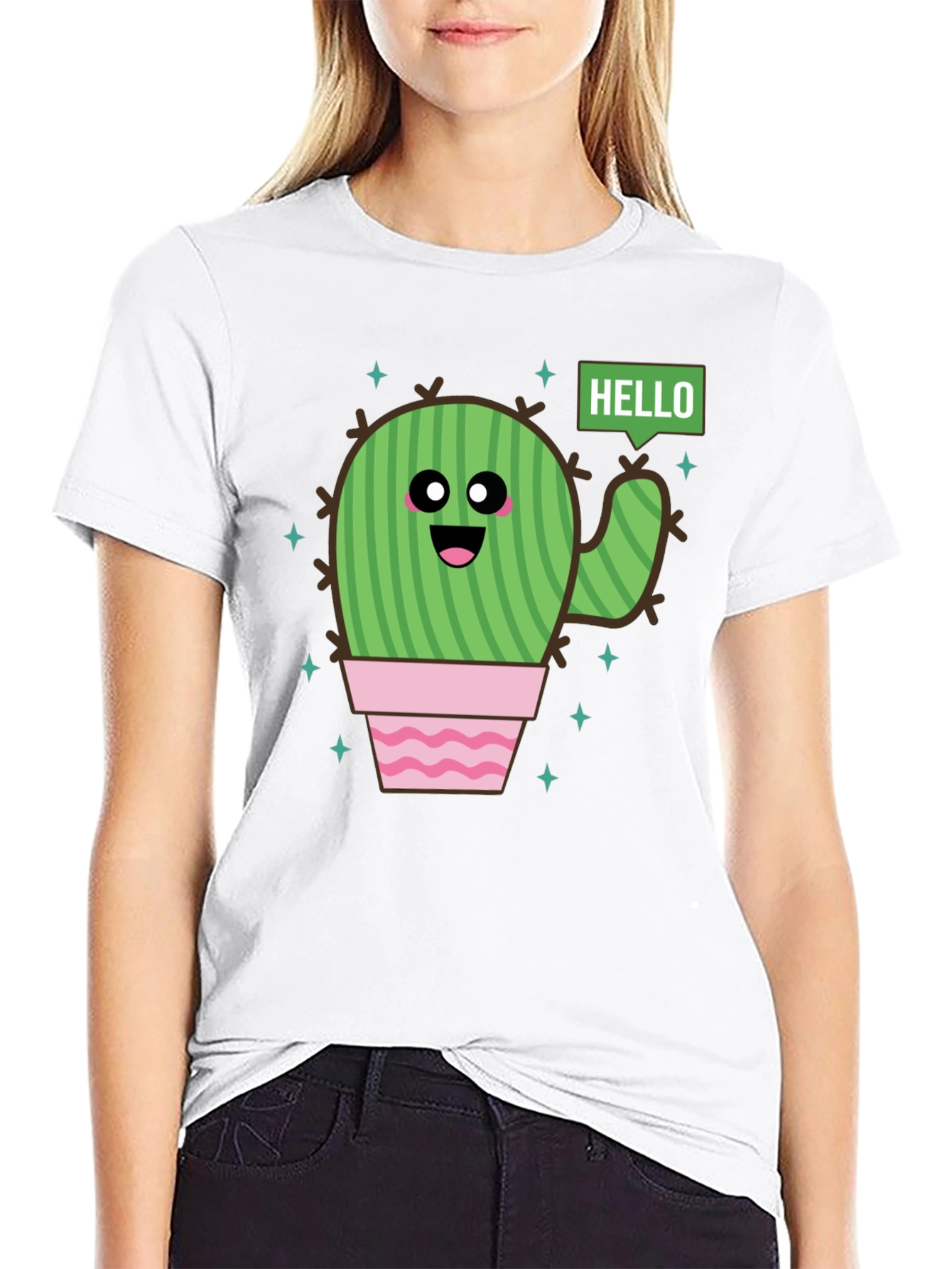 Black Cute Cartoon Cactus Graphic Tee - Black Cotton T-Shirt view 9