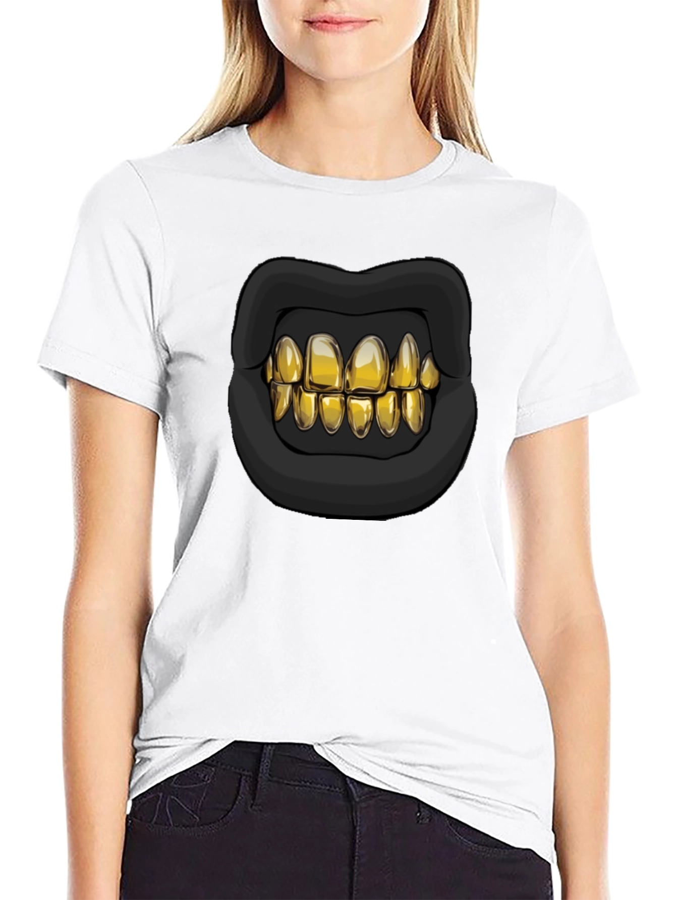 Black Golden Grill T-Shirt - Bold Lip Design view 9