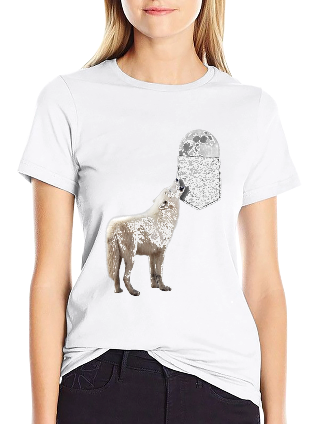 Black Wolf Howling at Moon Pocket T-Shirt view 9
