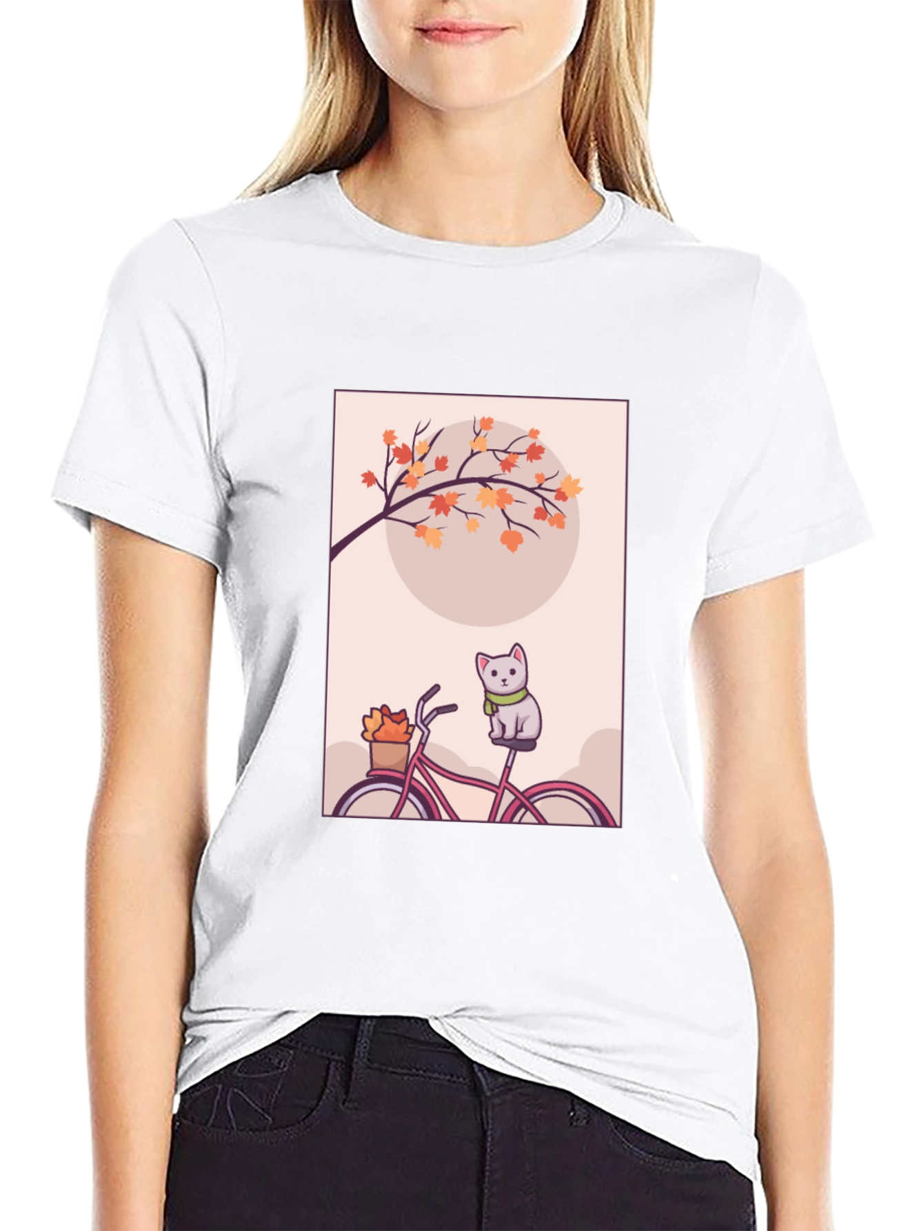 Black Cute Cat on Bike T-Shirt - Autumn Vibes view 9