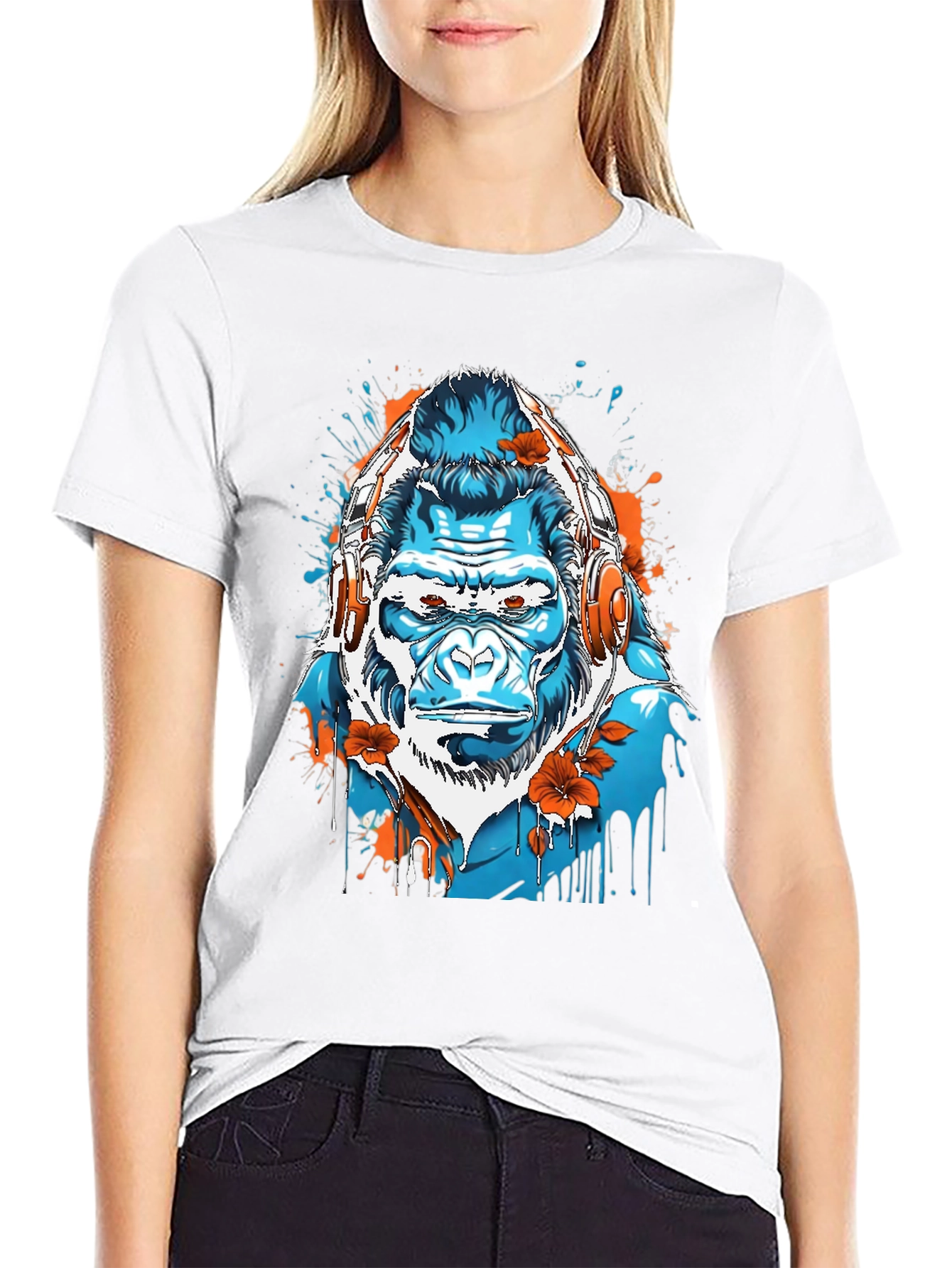 Black Cool Gorilla with Headphones Graphic Tee view 9