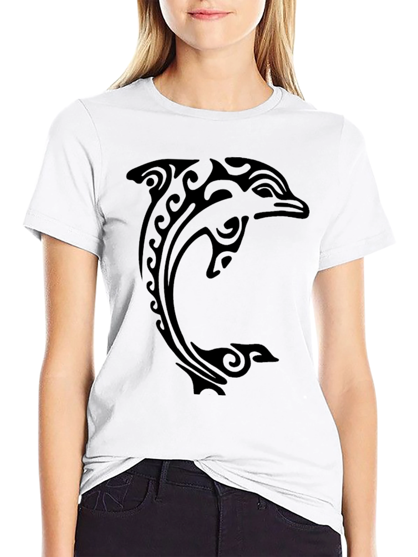 Black Tribal Dolphin Graphic Tee - Black Cotton T-Shirt view 9