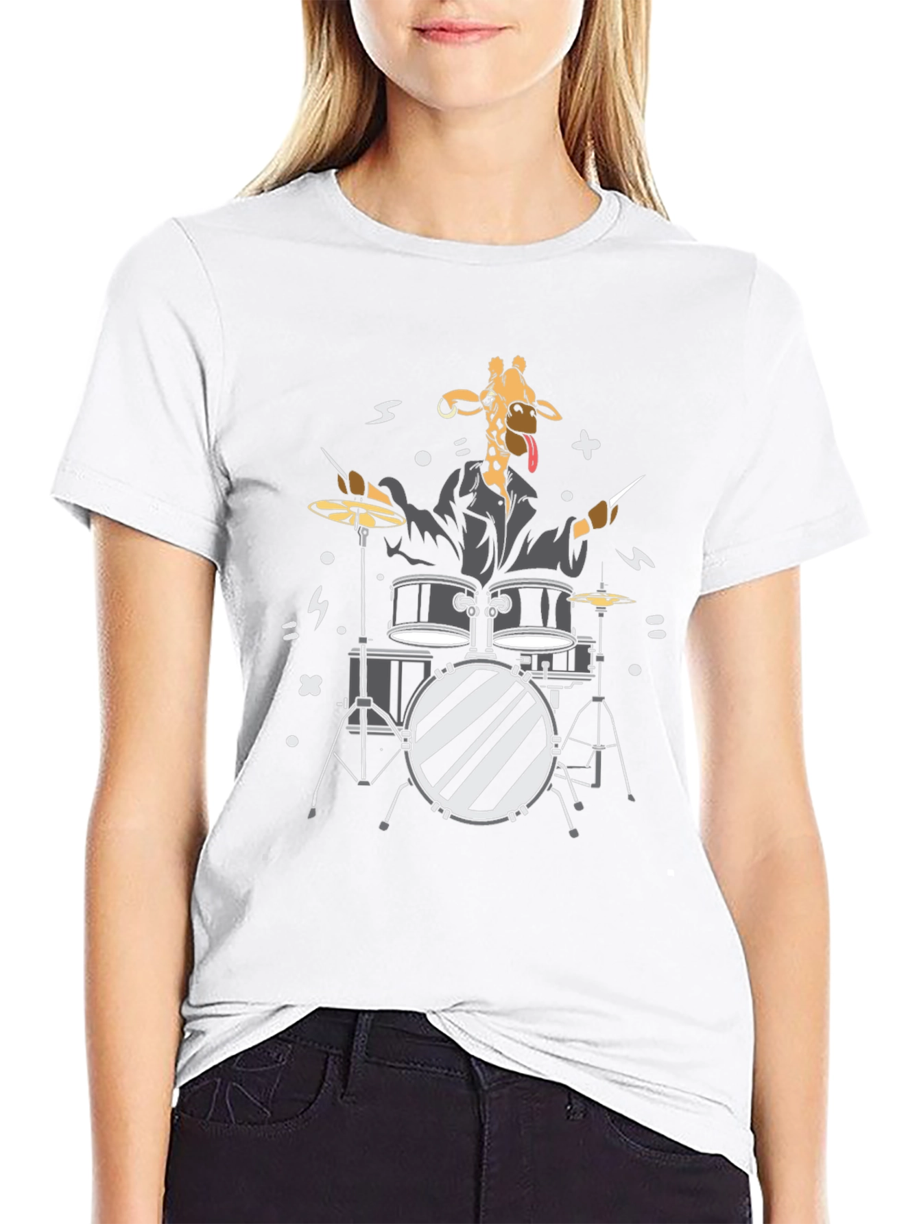 Black Giraffe Drummer Graphic T-Shirt - Black Cotton Tee view 9