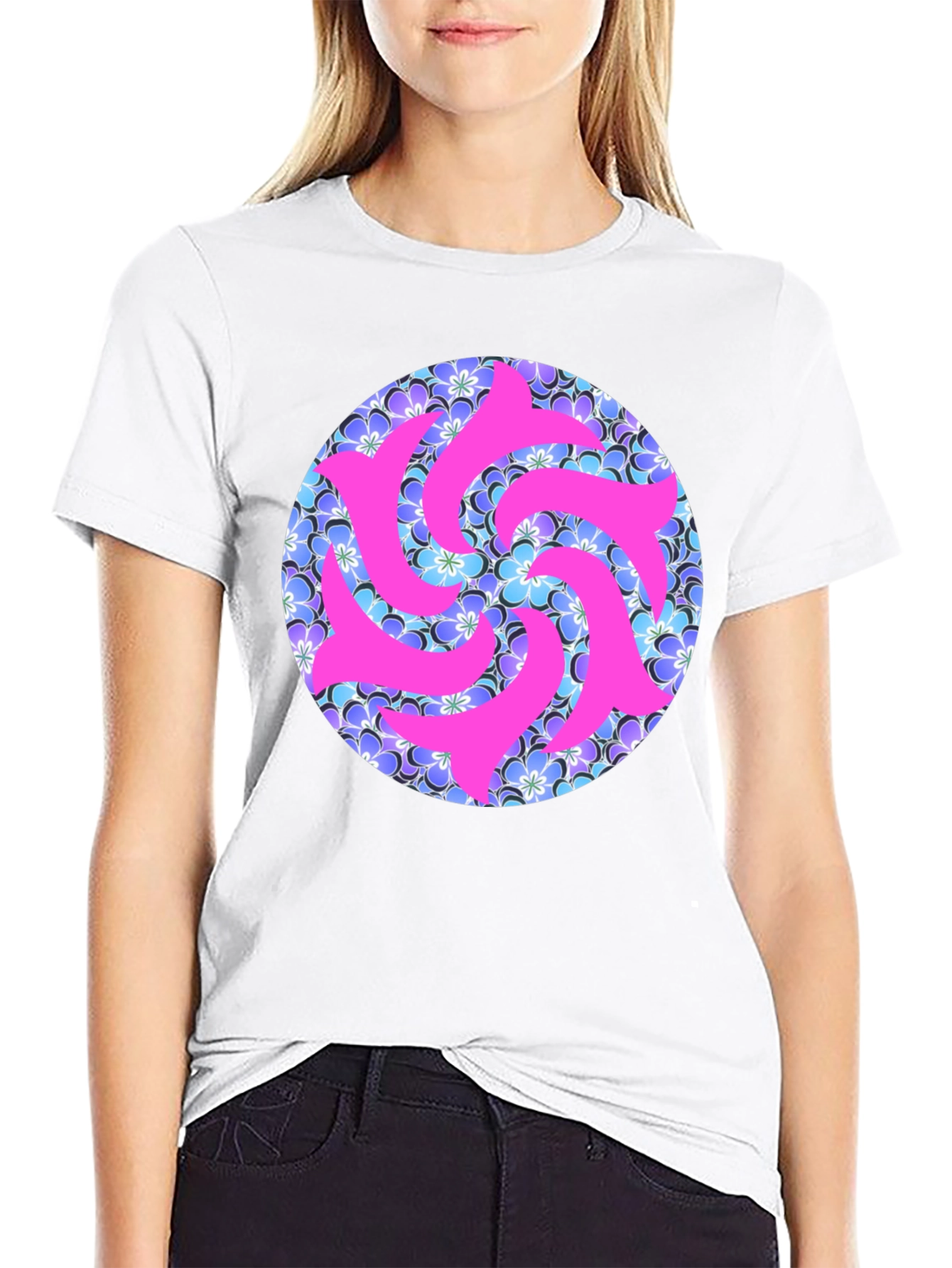 Black Vibrant Floral & Abstract Pink Swirl T-Shirt view 9