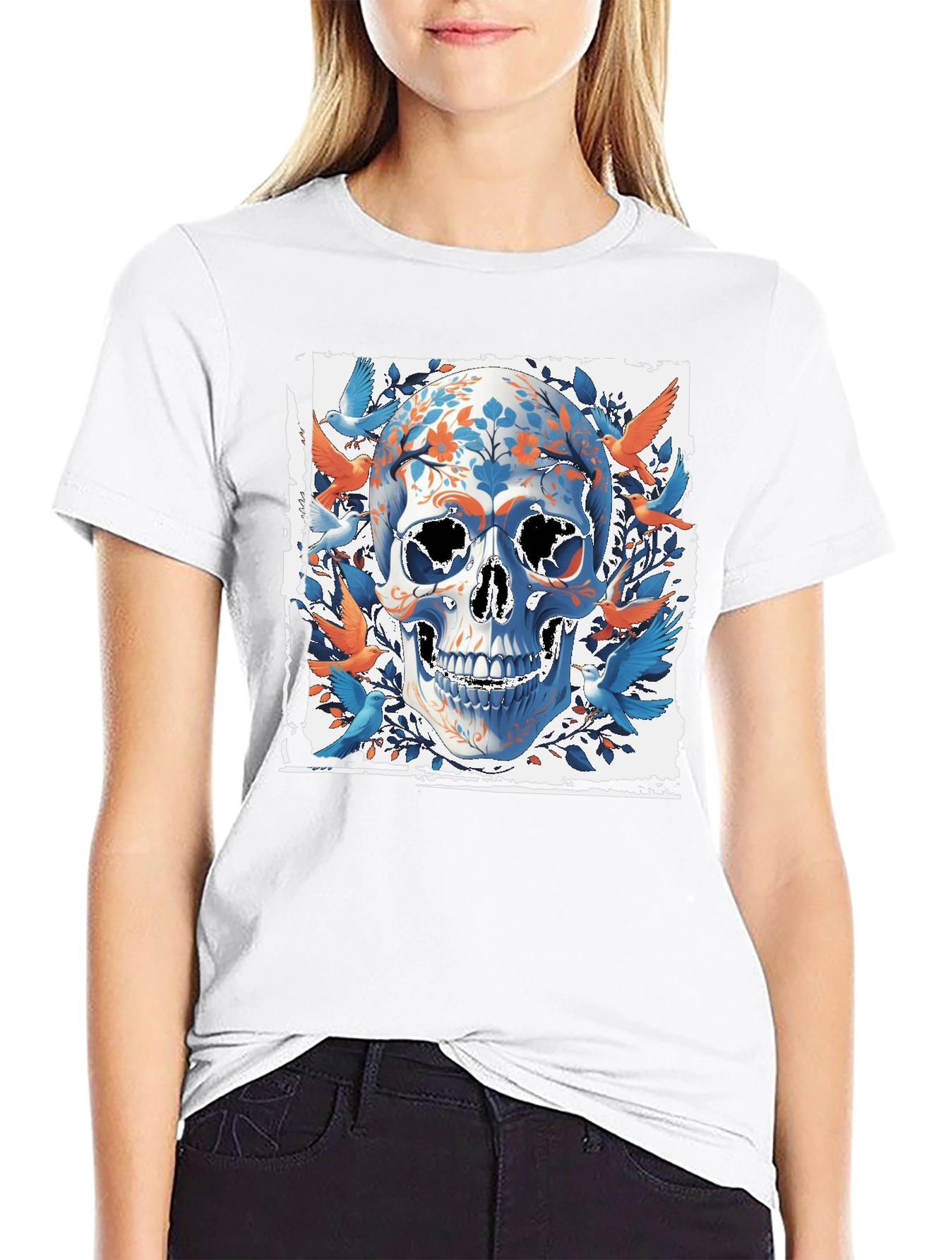 Black Floral Skull & Birds Graphic Tee - Unique Design view 9