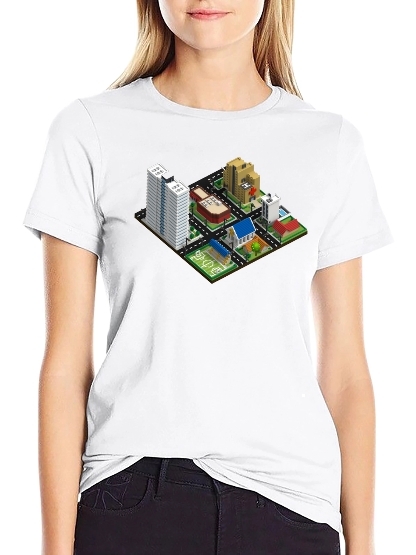 Black Isometric Cityscape Graphic Tee - Black Cotton T-Shirt view 9
