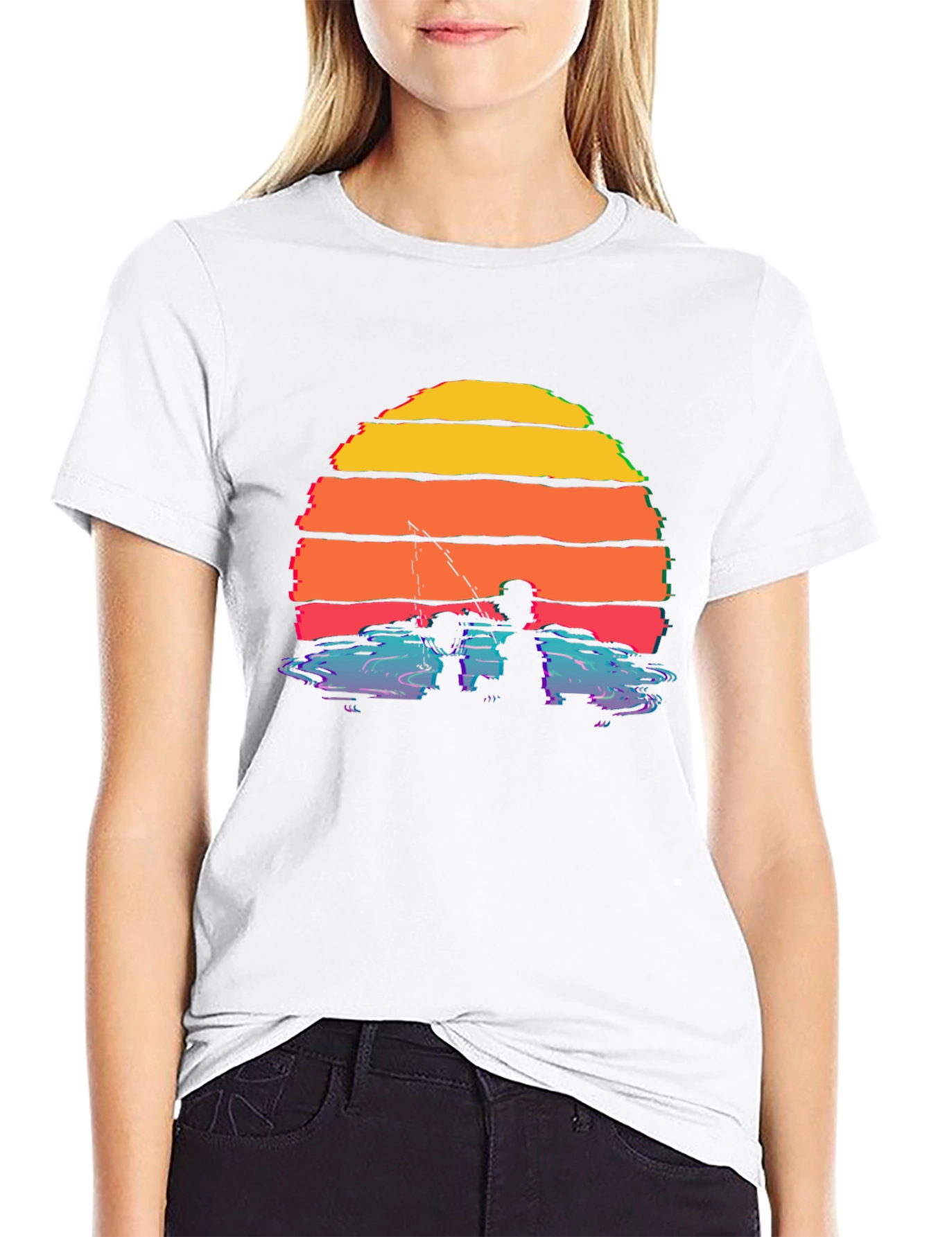 Black Sunset Fishing Silhouette T-Shirt view 9