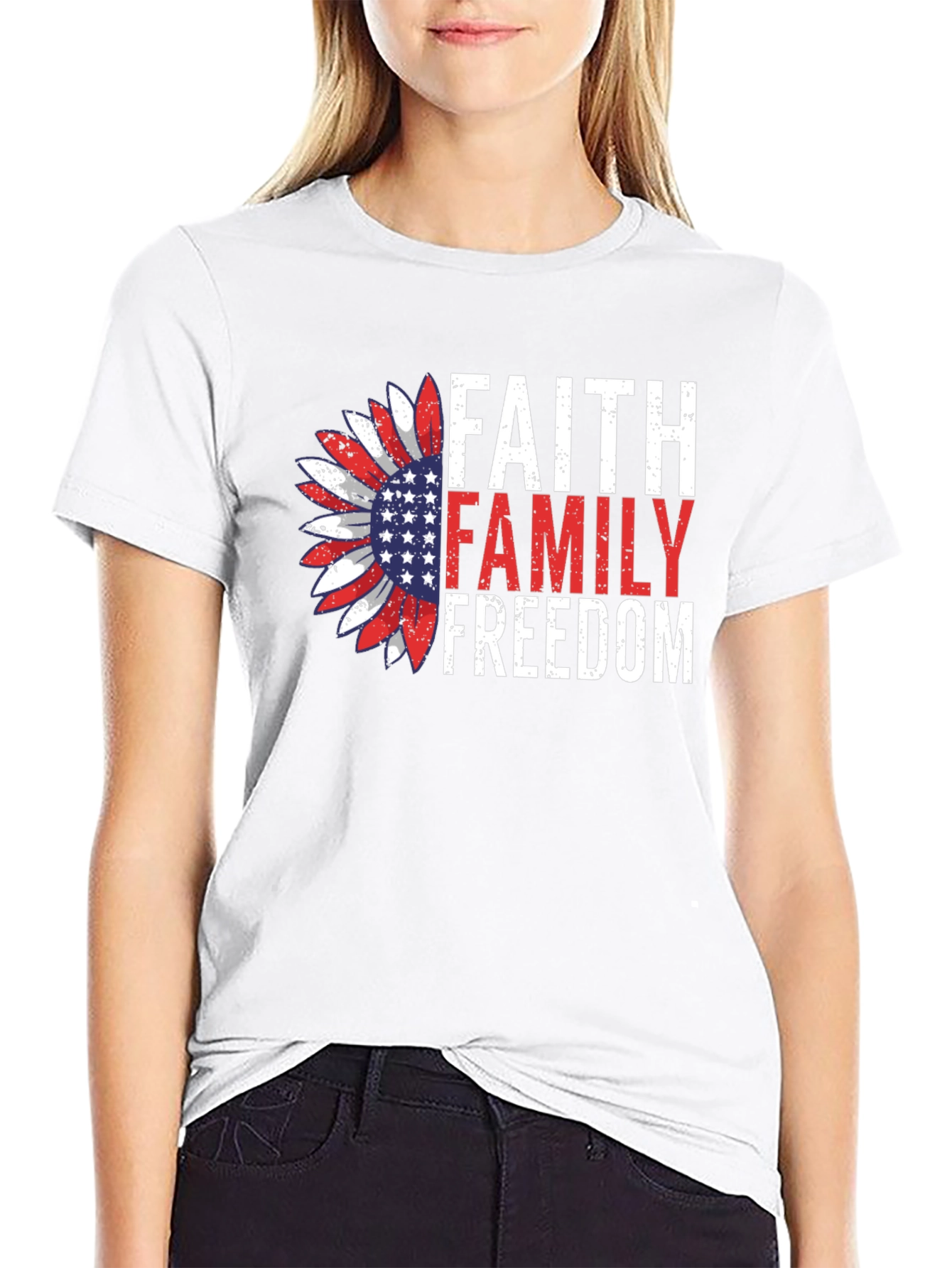 Black Faith Family Freedom Graphic Tee - Patriotic Sunflower Design view 9