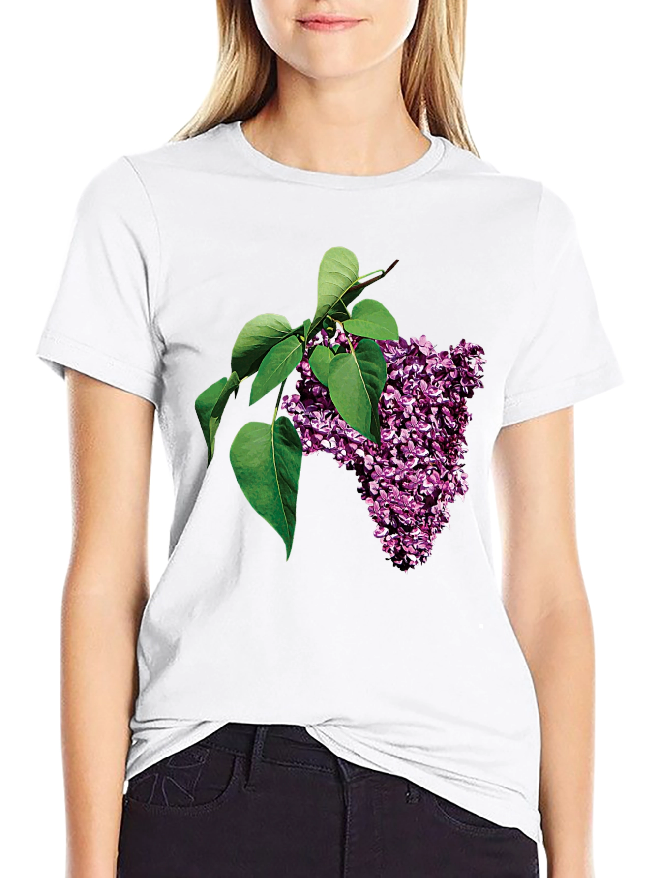 Black Lilac Blossom Graphic Tee - Black Cotton Casual Wear view 9