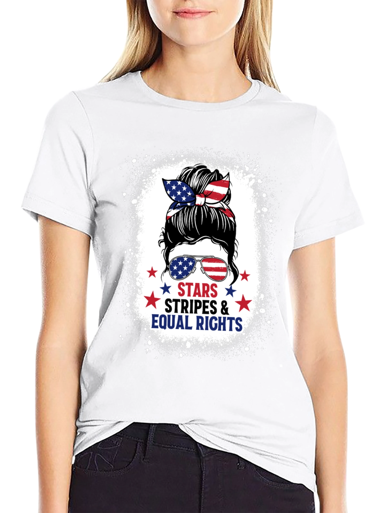 Black Stars Stripes & Equal Rights Messy Bun T-Shirt view 9
