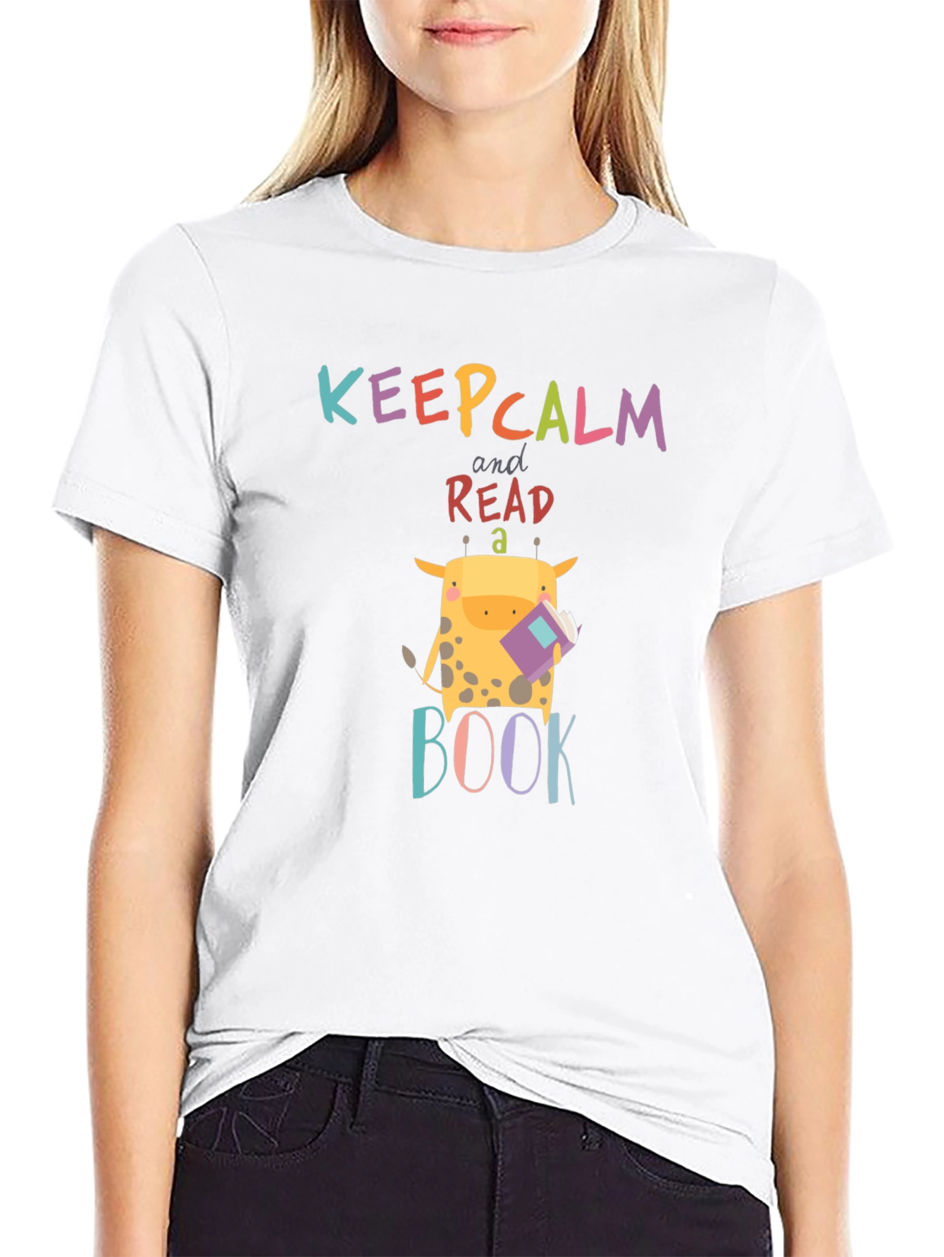 Black Keep Calm Read a Book Giraffe Graphic Tee view 9