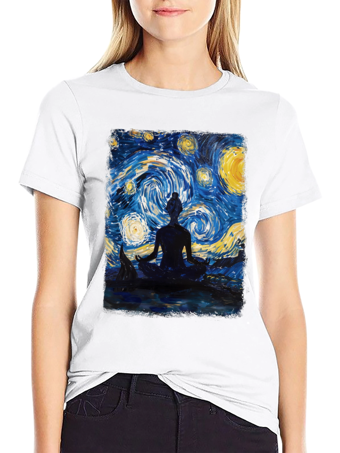 Black Starry Night Meditation T-Shirt view 9