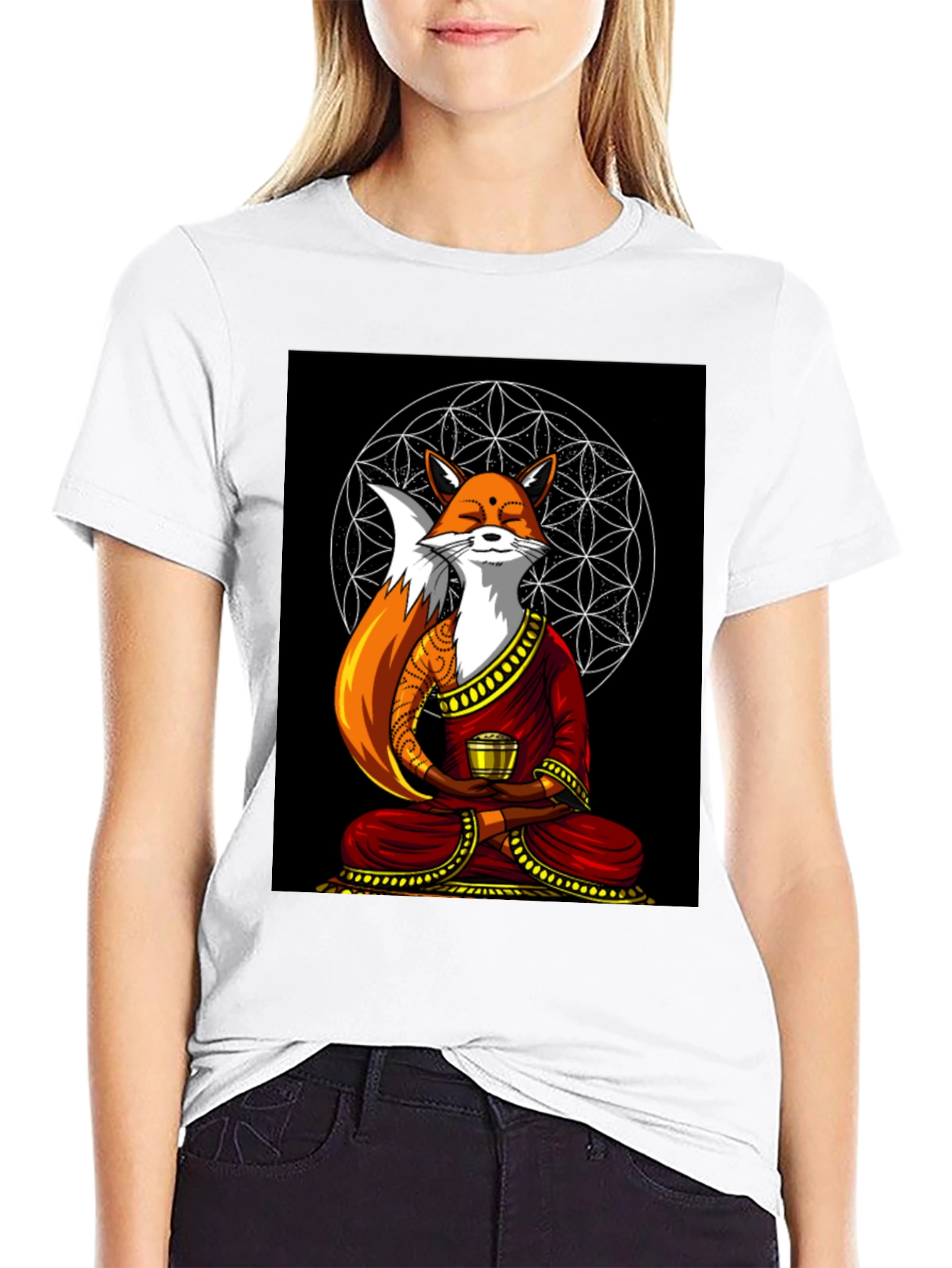 Black Zen Fox T-Shirt - Meditating Design view 9