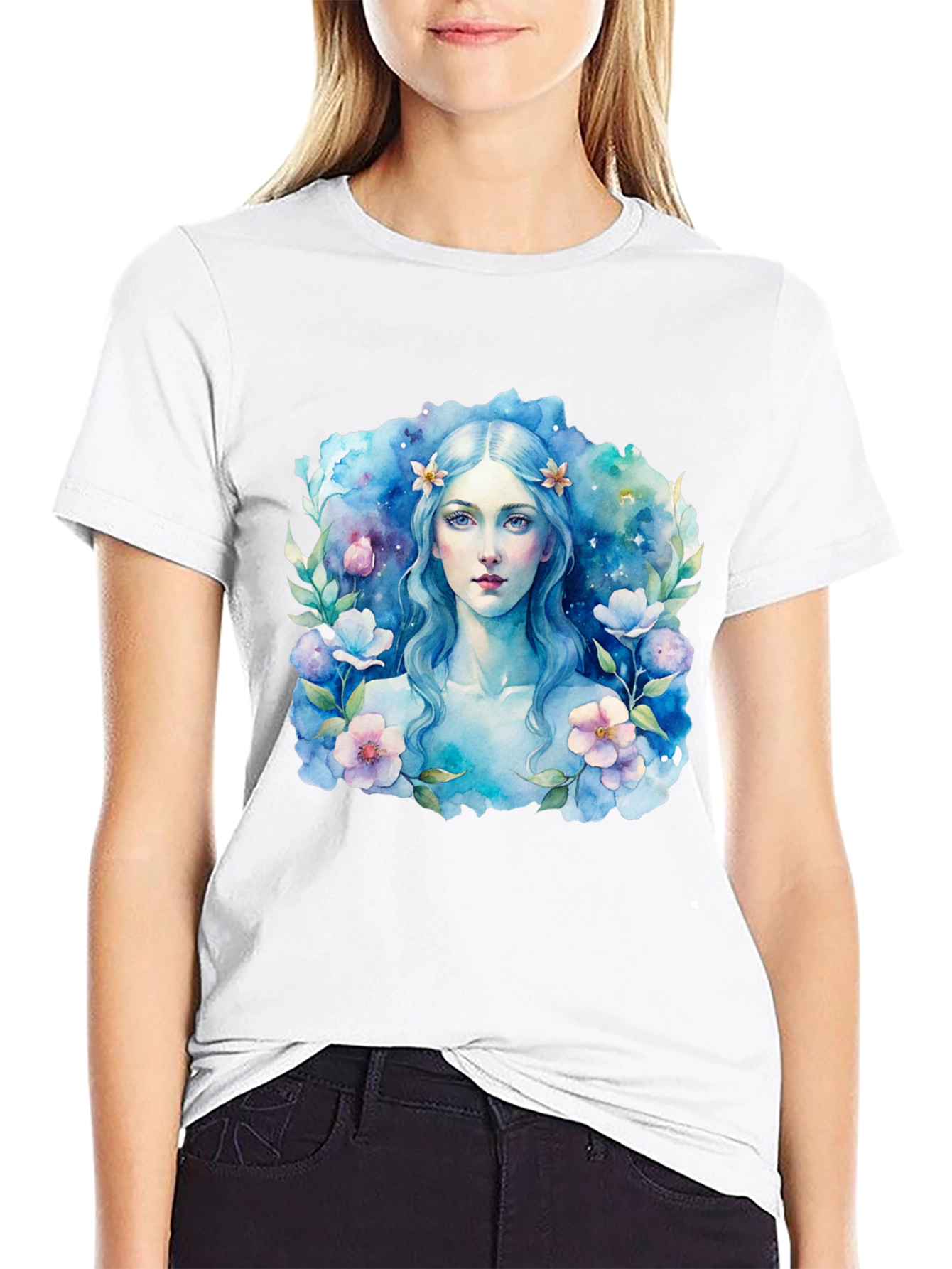 Black Floral Watercolor Woman Graphic Tee - Black T-Shirt view 9