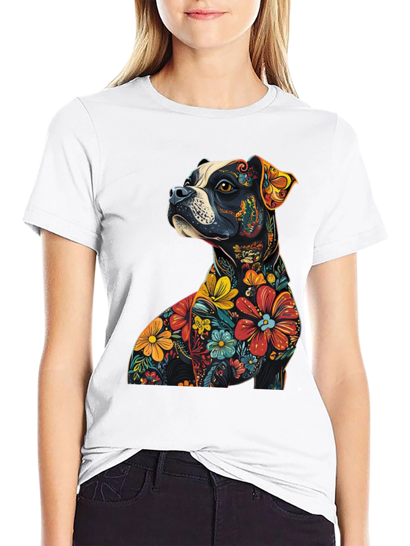 Black Floral Dog Graphic Tee - Unique Black T-Shirt view 9