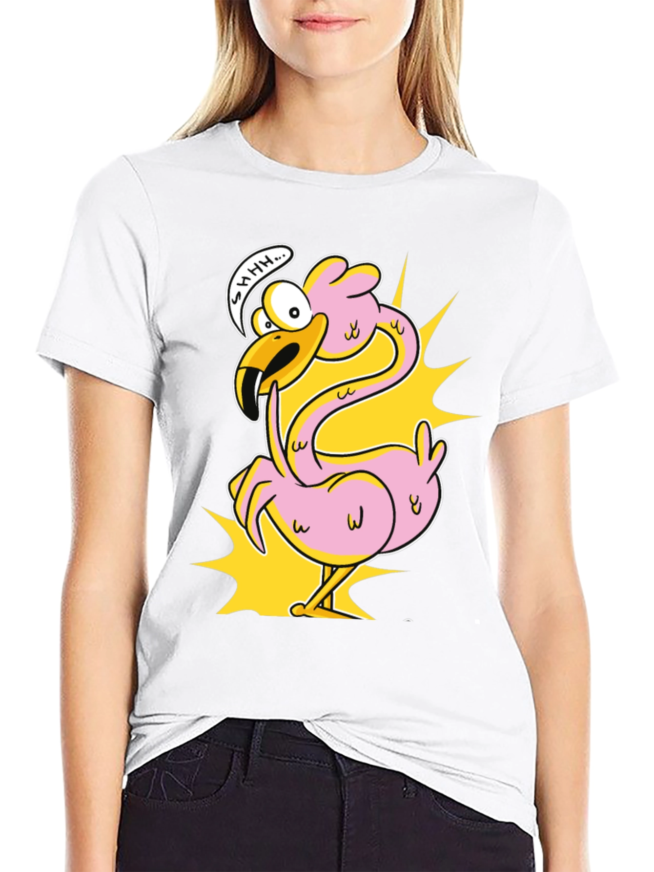 Black Shhh! Flamingo Cartoon Graphic T-Shirt view 9
