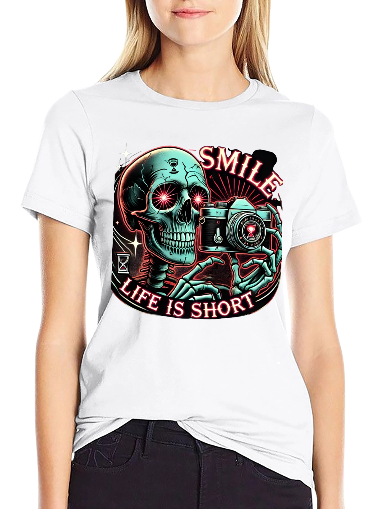 Black Smile Life is Short Graphic Tee - Camera Skeleton T-Shirt view 9