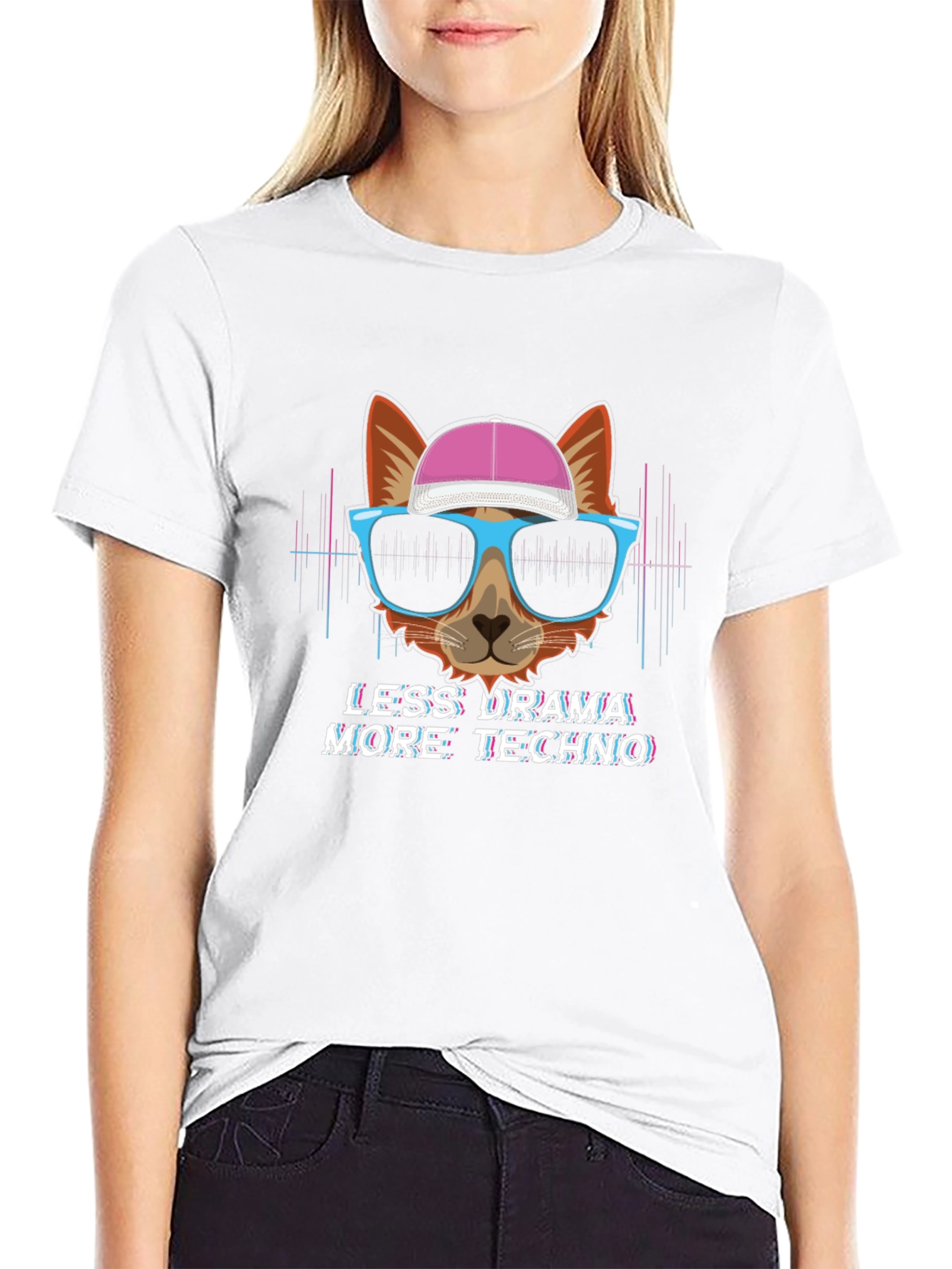 Black Less Drama More Techno T-Shirt - Cat with Glasses view 9