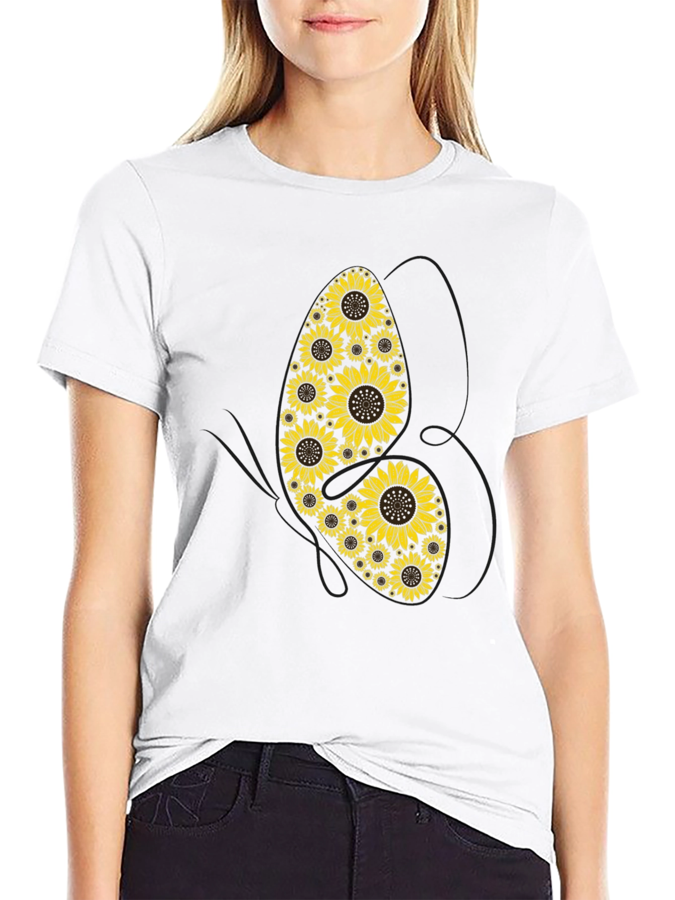 Black Sunflower Butterfly Graphic Tee - Unisex Cotton T-Shirt view 9