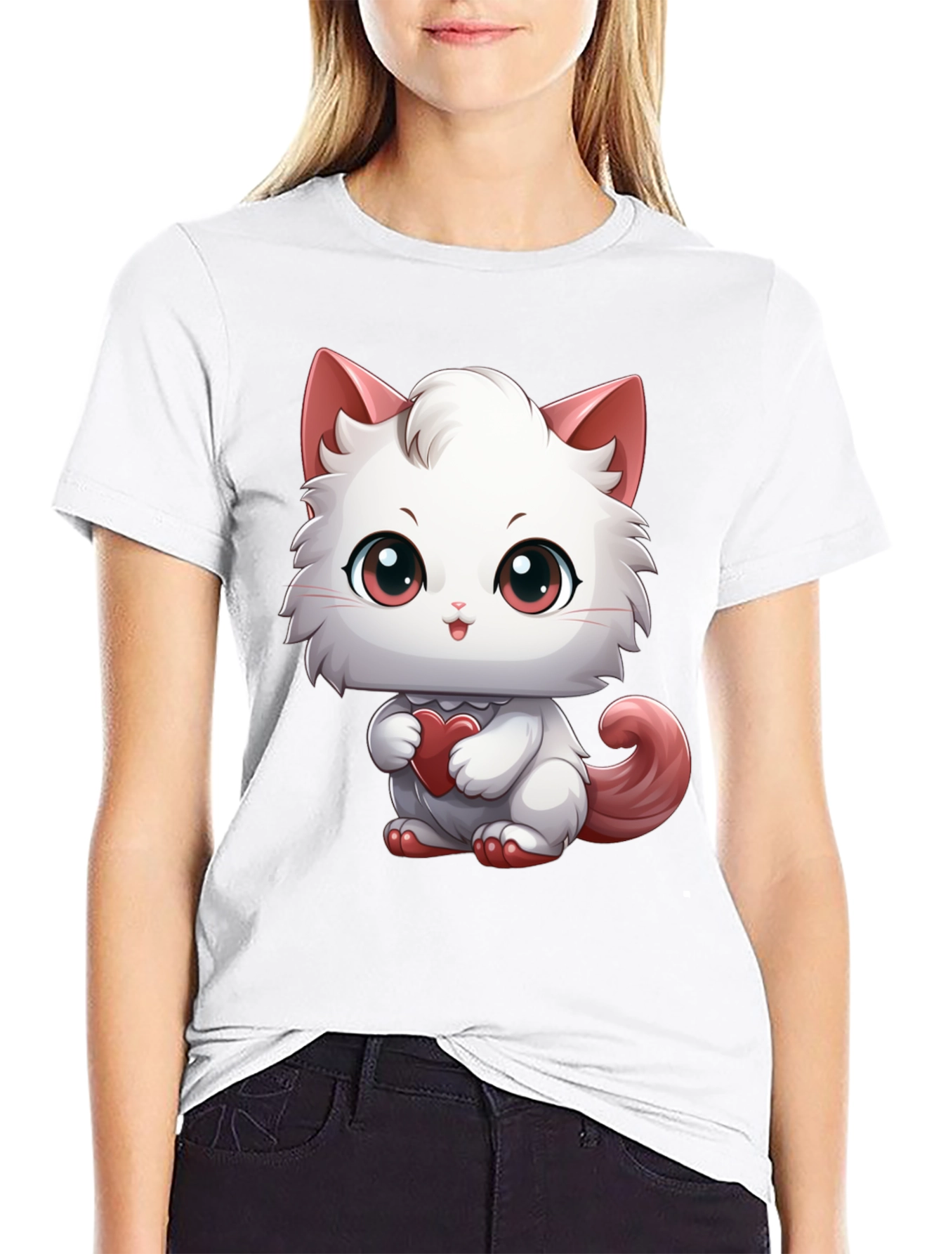 Black Cute Cartoon Cat Heart T-Shirt view 9