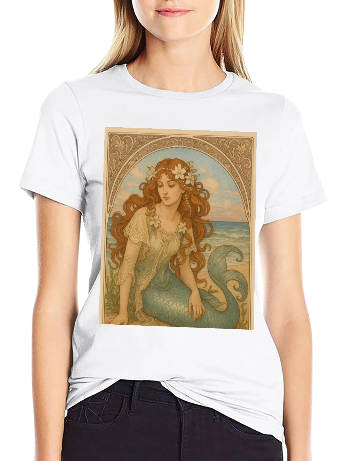Black Mermaid Art Nouveau Graphic T-Shirt view 9