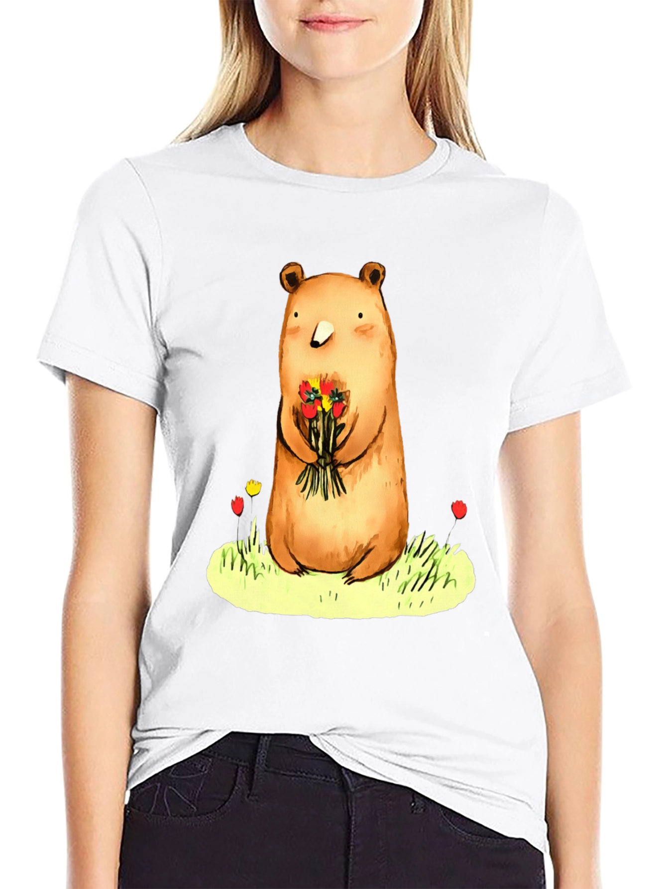 Black Bear with Flowers Graphic Tee - Soft Cotton Blend view 9