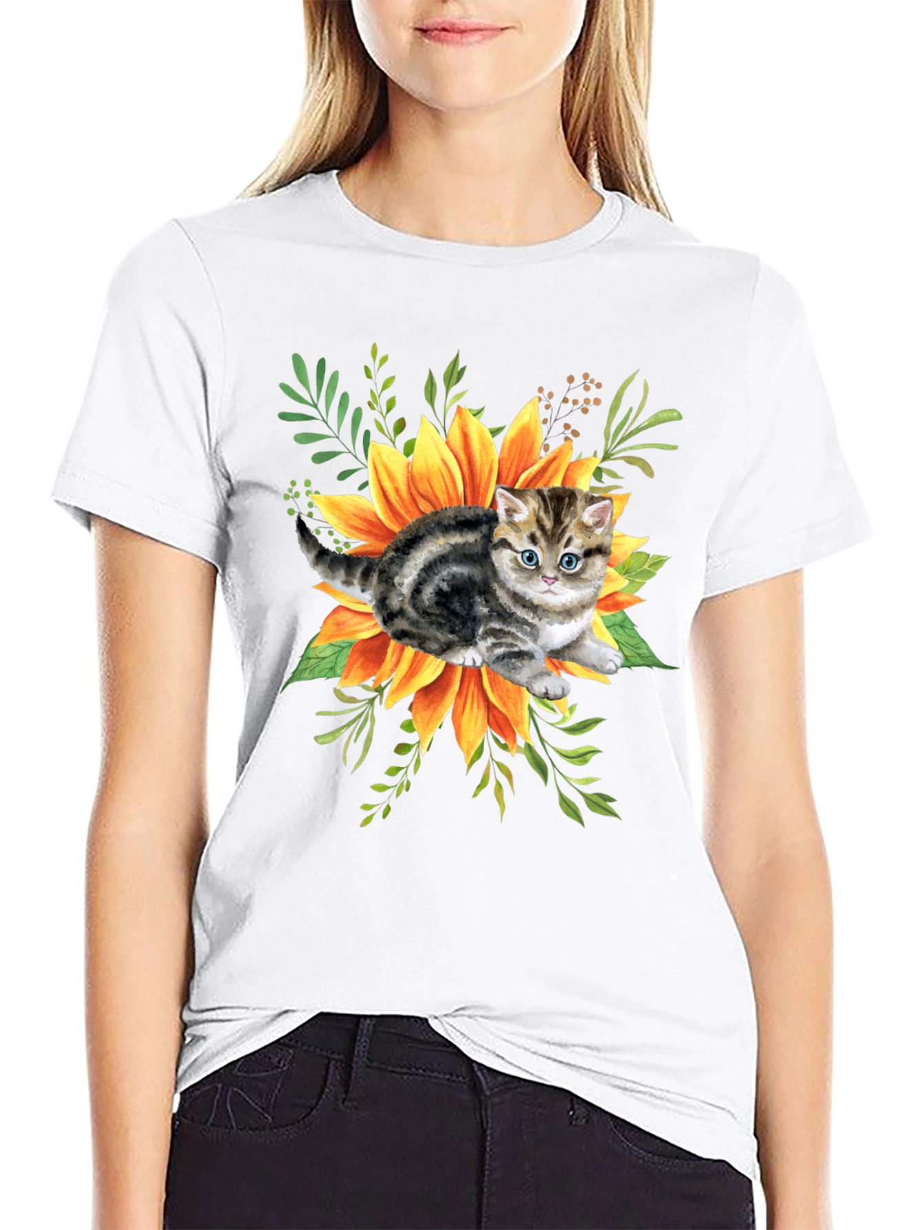 Black Kitten & Sunflower Graphic Tee - Black Cotton Blend view 9