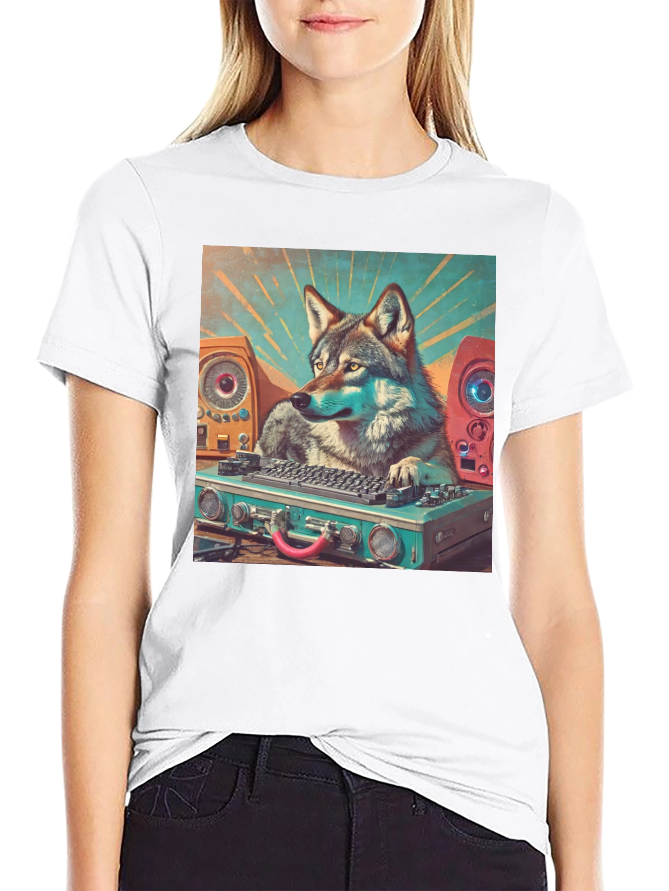 Black DJ Wolf Graphic Tee - Cool Animal Music Lover T-Shirt view 9