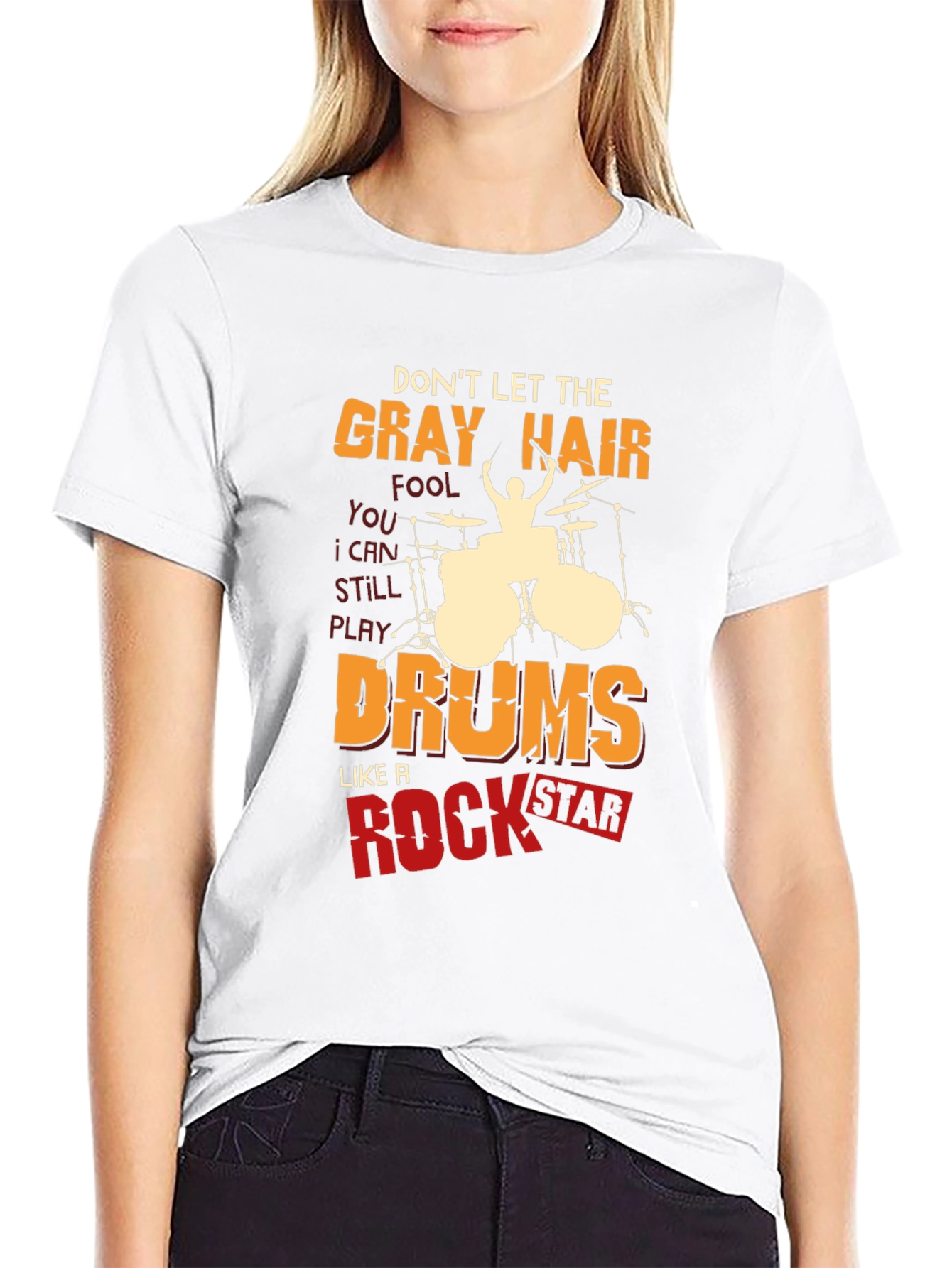 Black Gray Hair Rock Star Drums Graphic Tee view 9