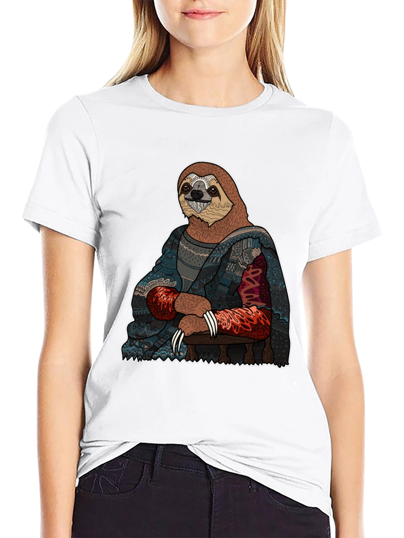 Black Sloth Mona Lisa T-Shirt - Artistic Funny Tee view 9