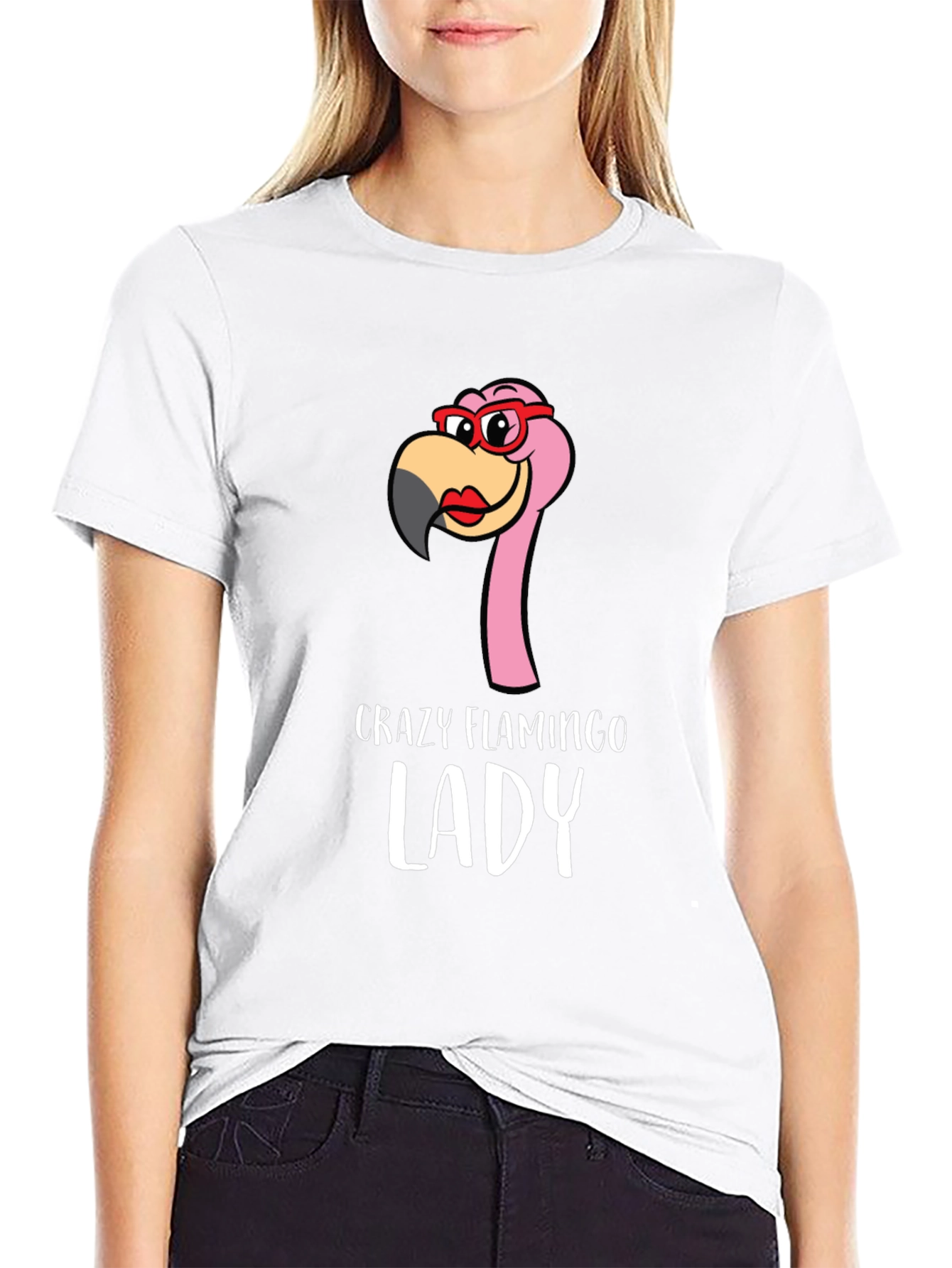 Black Crazy Flamingo Lady Graphic Tee - Novelty Shirt view 9