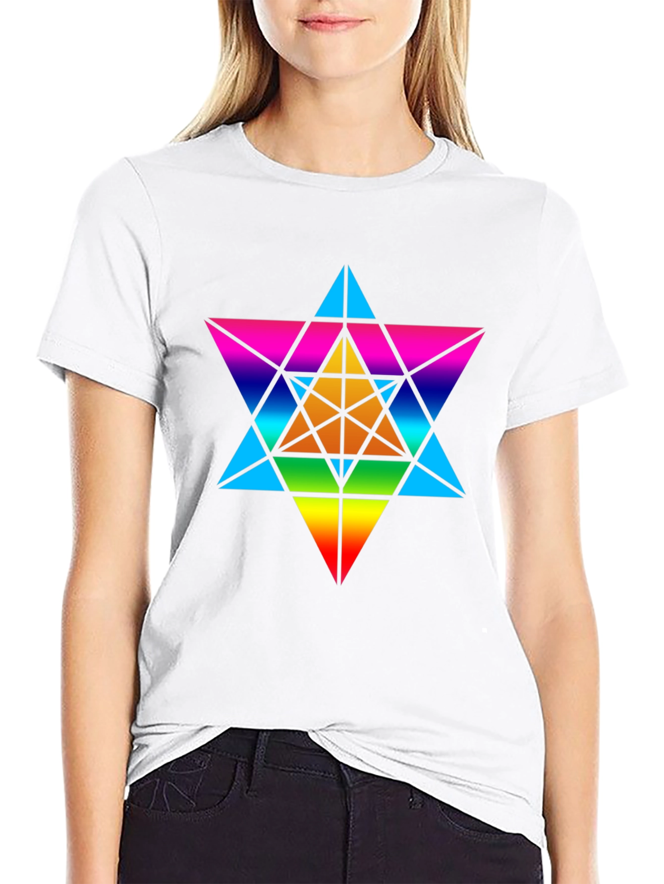Black Rainbow Geometric Star T-Shirt - Unisex Black Tee view 9