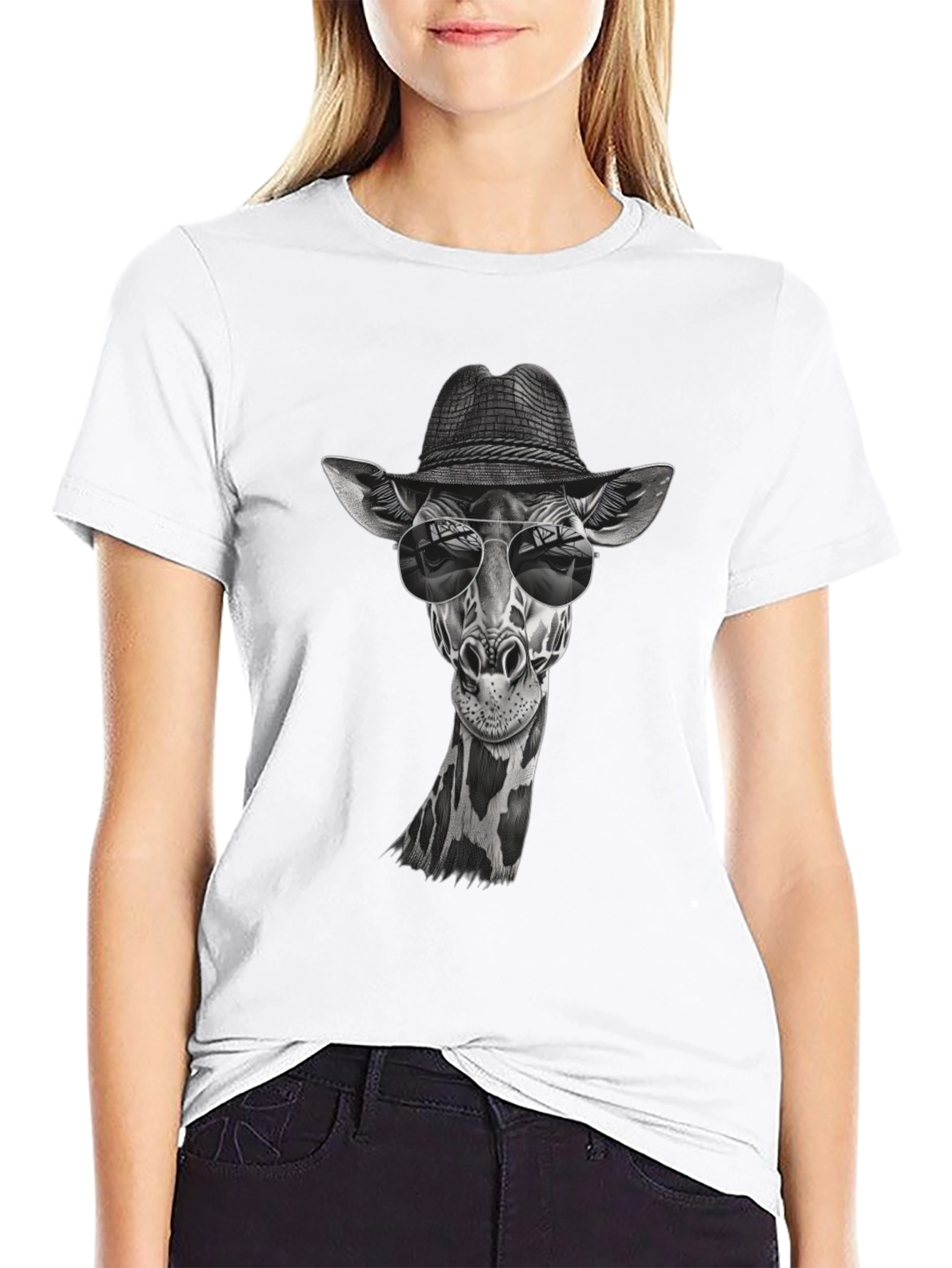Black Cool Giraffe in Hat Graphic T-Shirt view 9