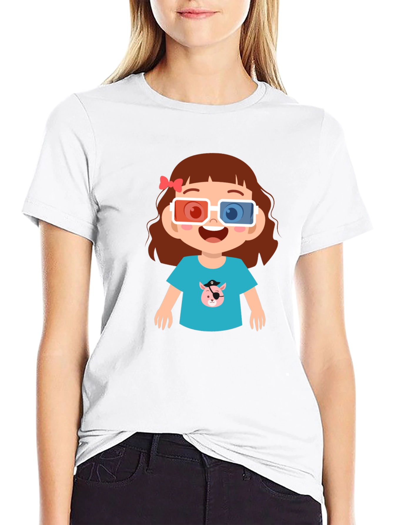 Black Cute Cartoon Girl 3D Glasses Black T-Shirt view 9
