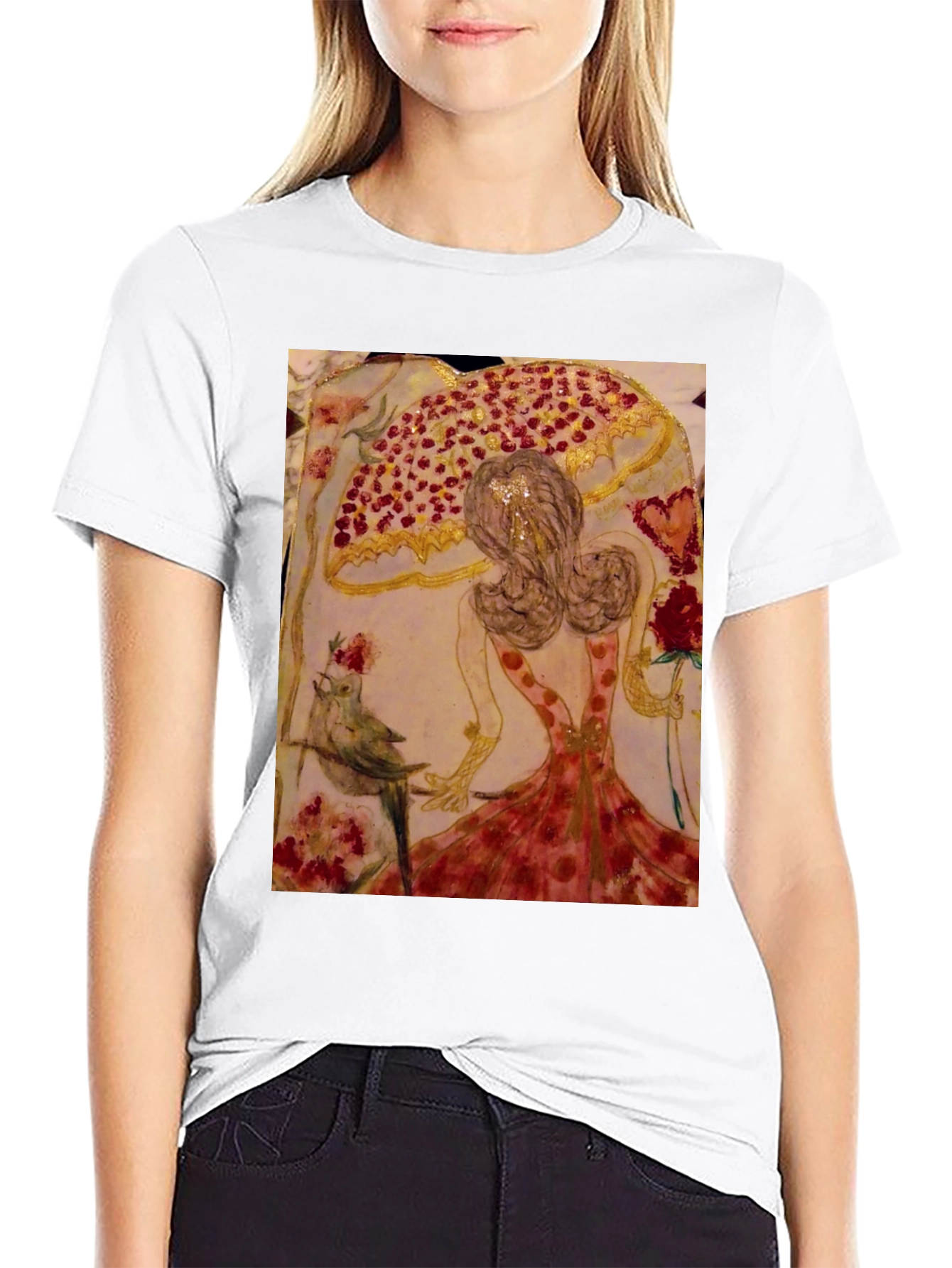 Black Whimsical Art T-Shirt: Bird, Roses, & Dancer view 9