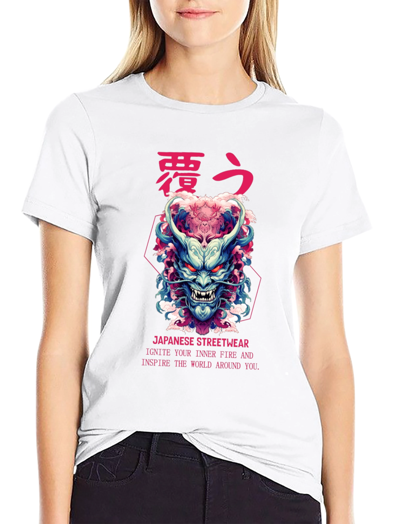 Black Japanese Oni Mask Graphic T-Shirt view 9