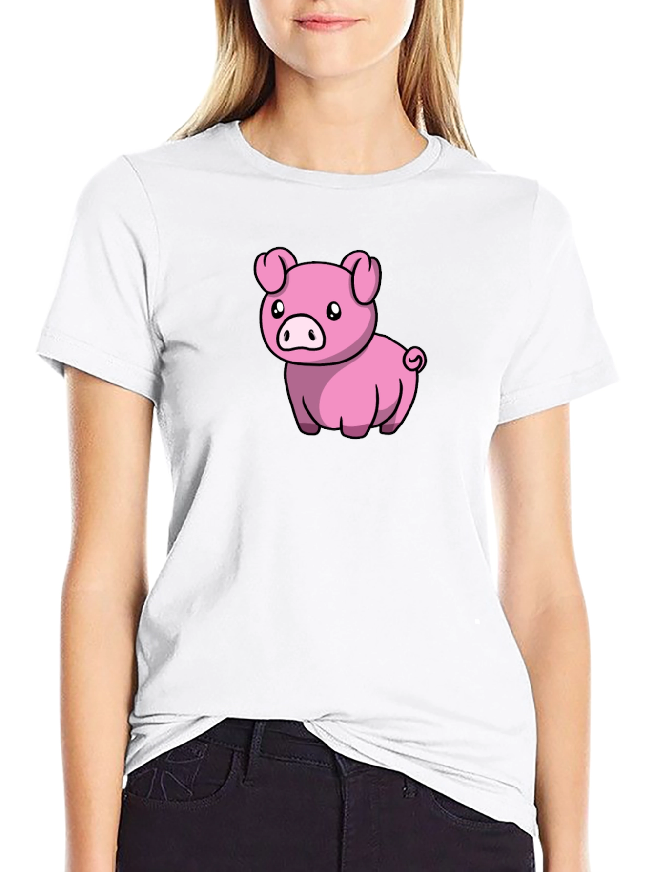 Black Cute Pig Cartoon Black T-Shirt view 9