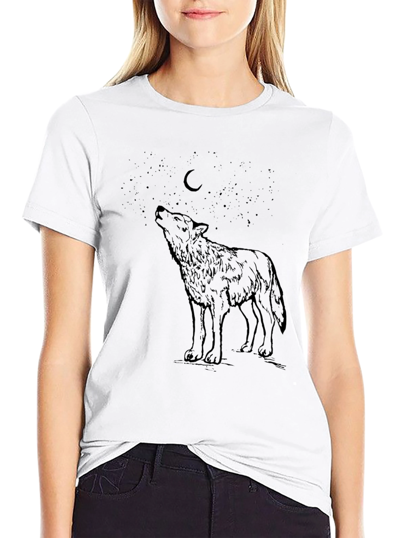 Black Wolf Howling at Moon Graphic Tee - Black Cotton Blend view 9