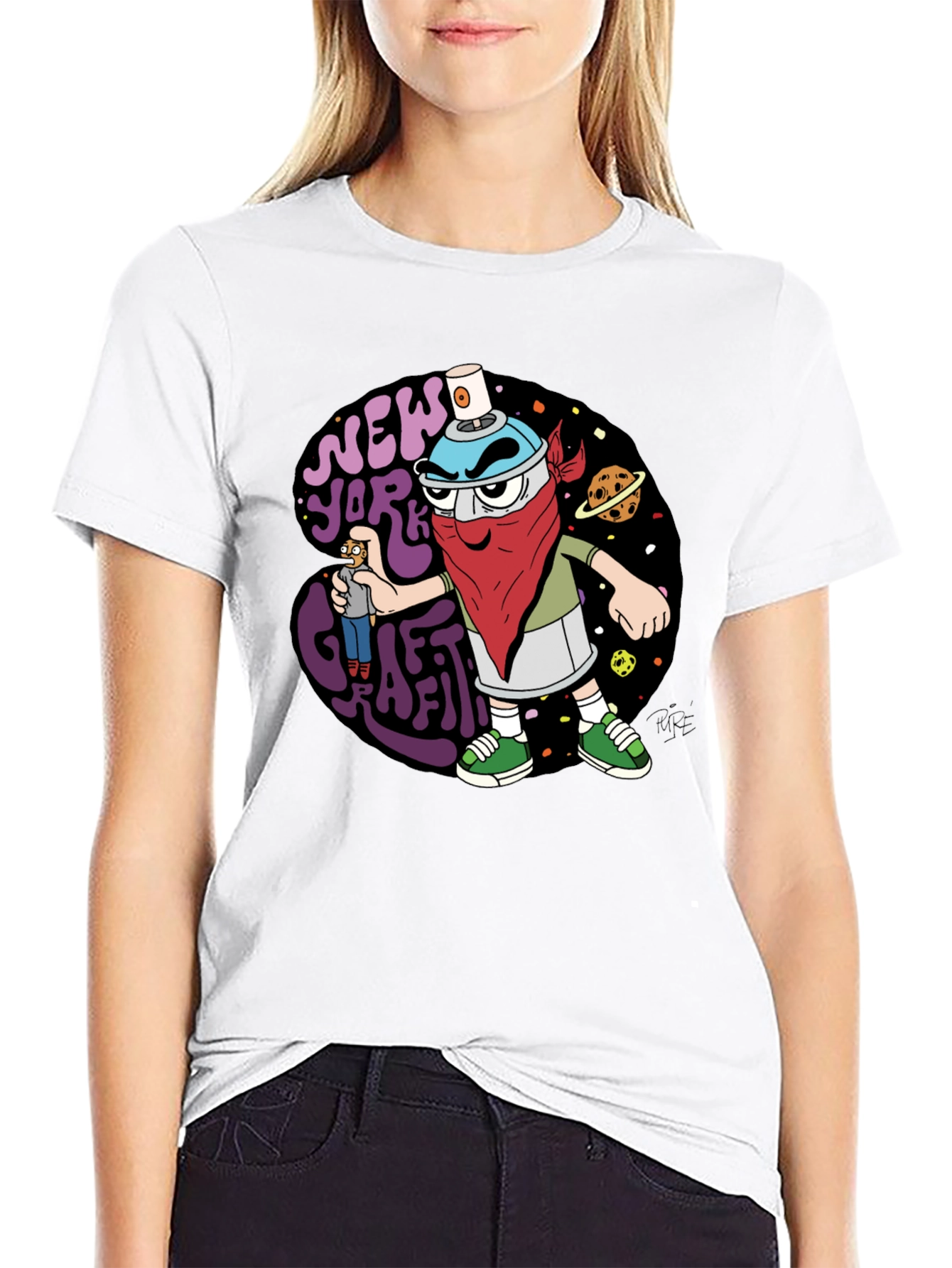 Black New York Graffiti Cartoon T-Shirt view 9