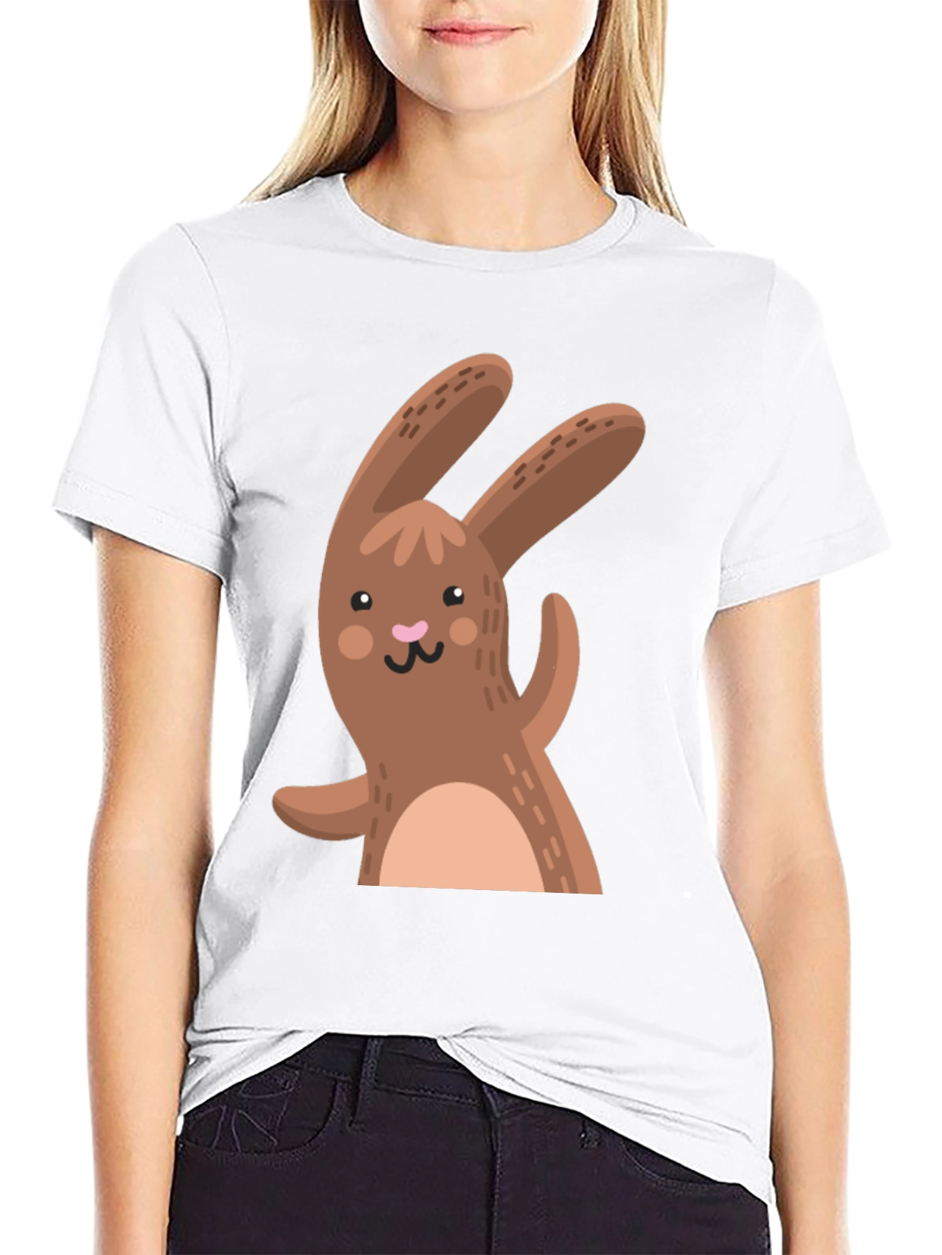 Black Cute Cartoon Rabbit Black T-Shirt view 9