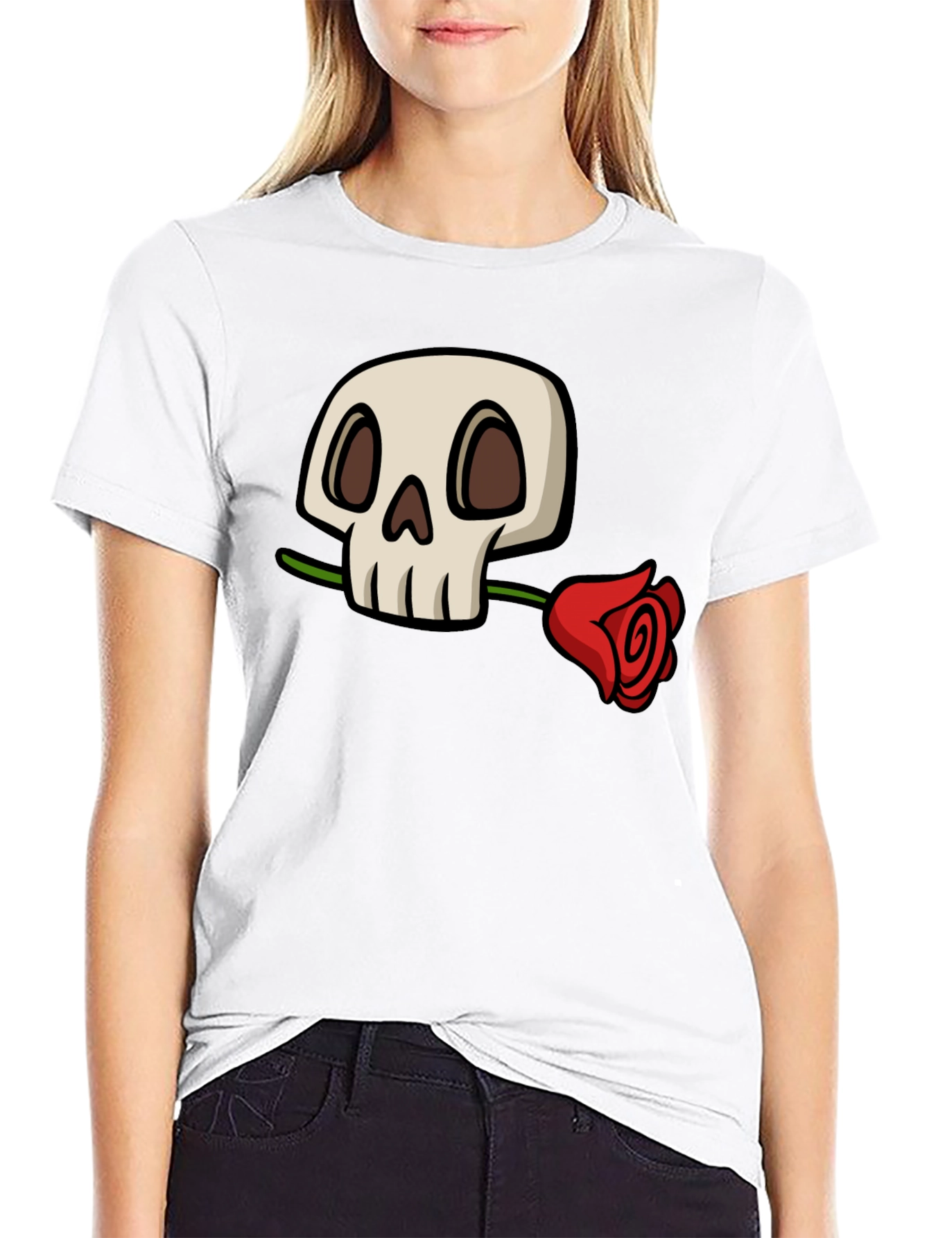 Black Skull and Rose Graphic T-Shirt - Cool Black Tee view 9