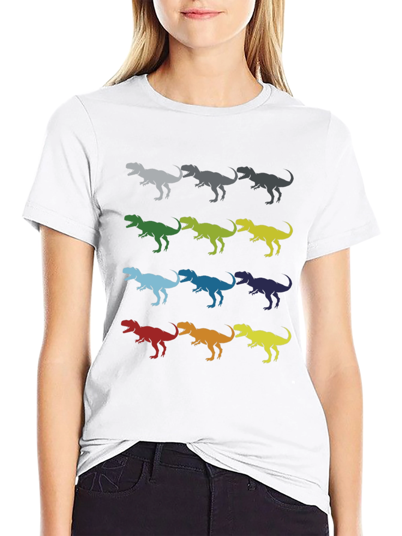 Black Dinosaur T-Rex Pattern Black Cotton T-Shirt view 9
